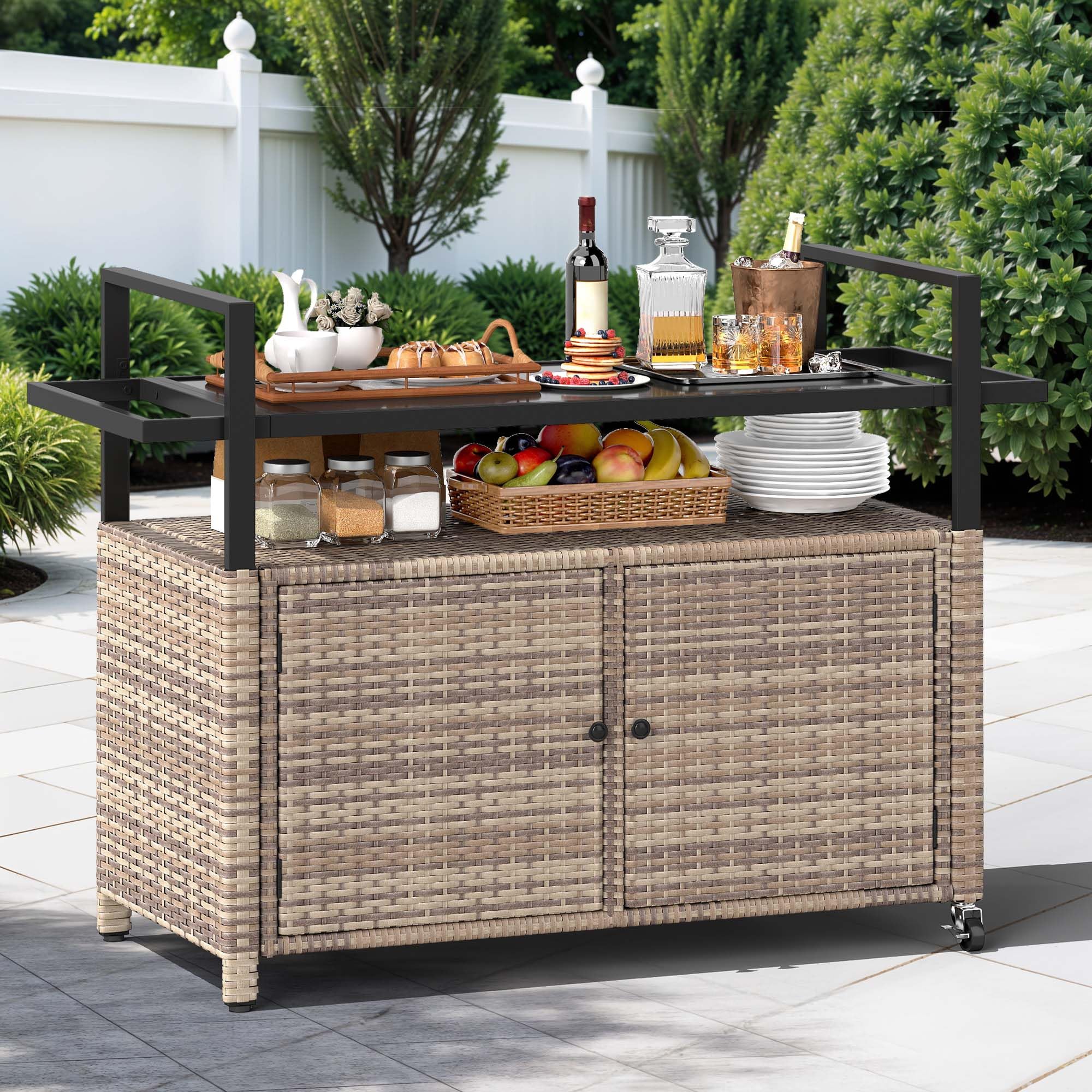 Outdoor Bar Cart with Storage and Glass Top
