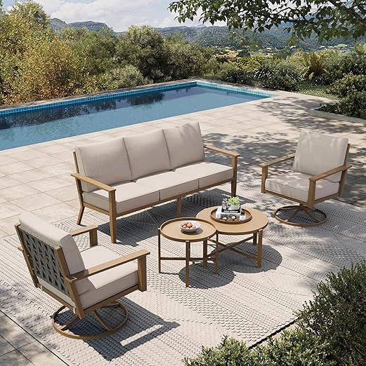 7-Piece Metal Outdoor Patio Conversation Set with Wood Grain Finish