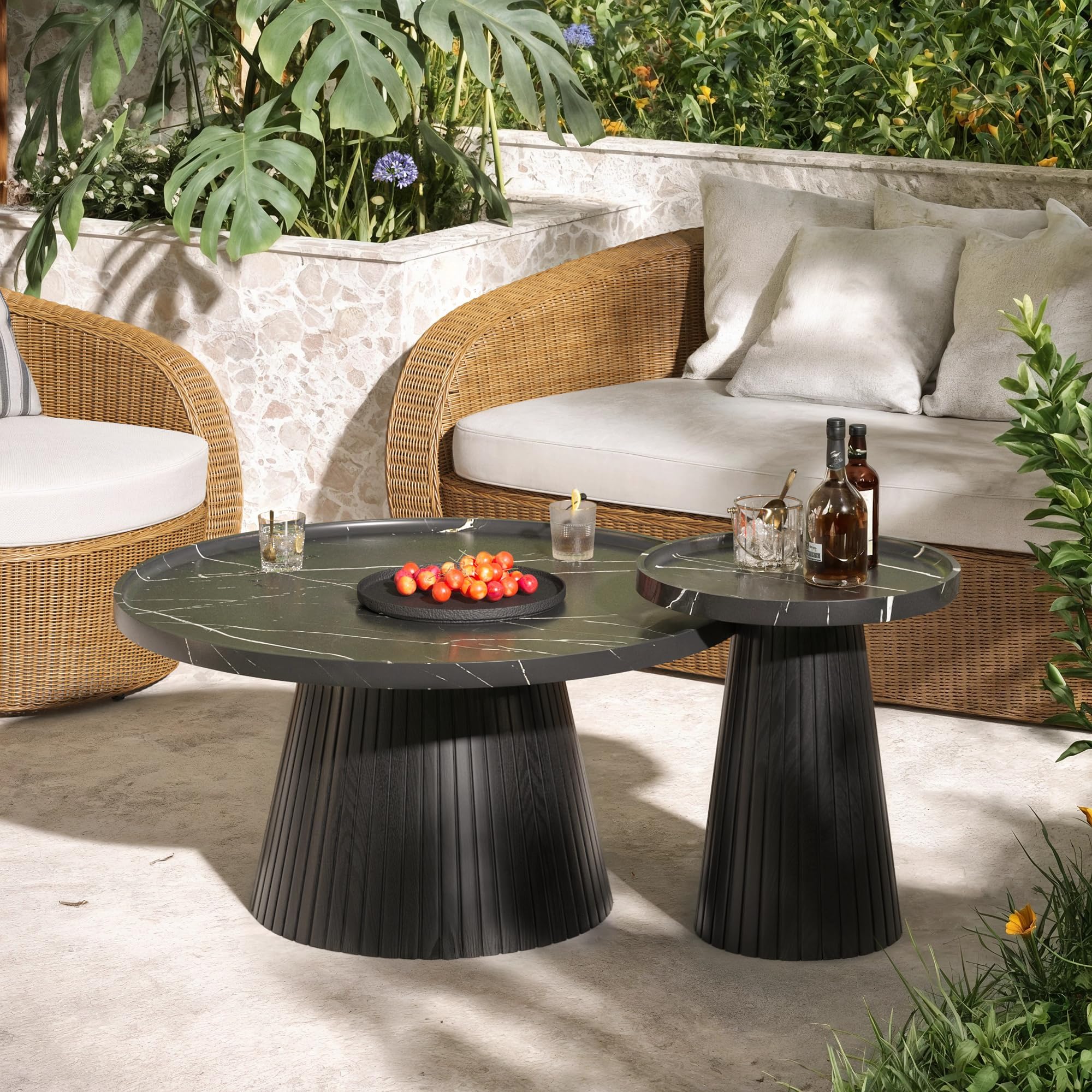 win2win Nesting Coffee Table Set of 2, Modern Coffee Table with Marble Veneer, Fluted Round Tea Table and End Table Set, Minimalist Center Tables for Living Room, Office, Black