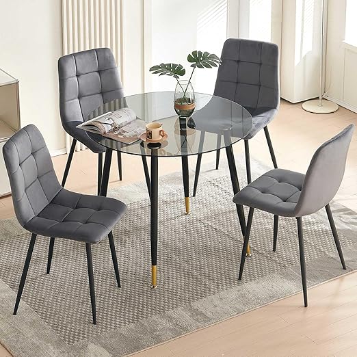 5-Piece Modern Dining Set with Round Tempered Glass Table & Yellow Velvet Chairs