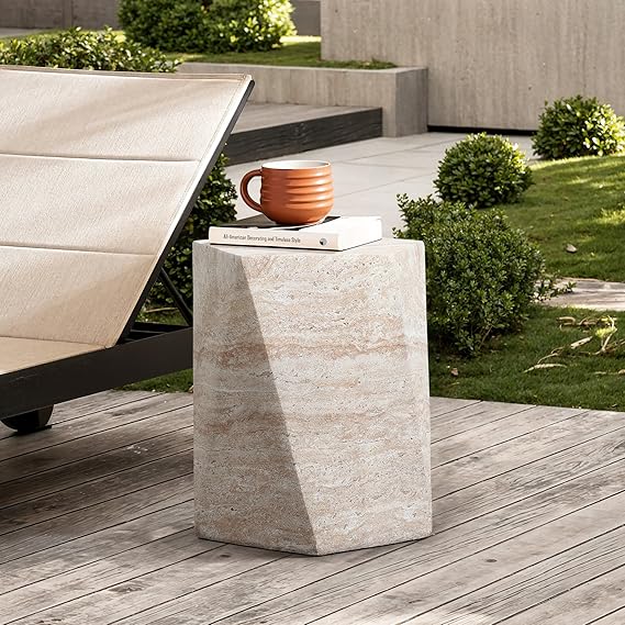 18" Round Travertine-Style Outdoor Side Table