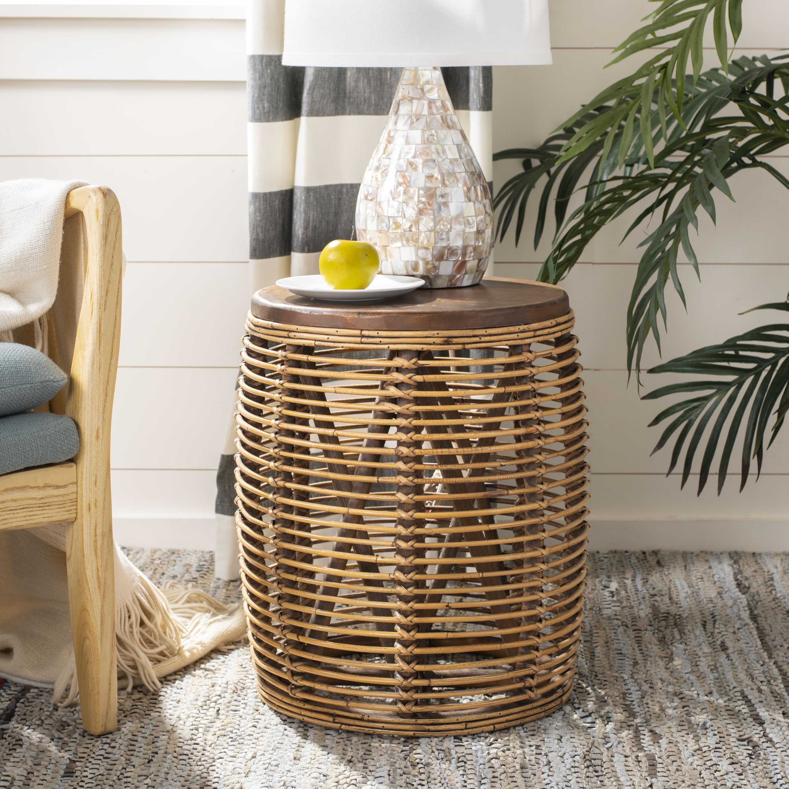Rattan Drum Accent Table - Honey Brown Wash