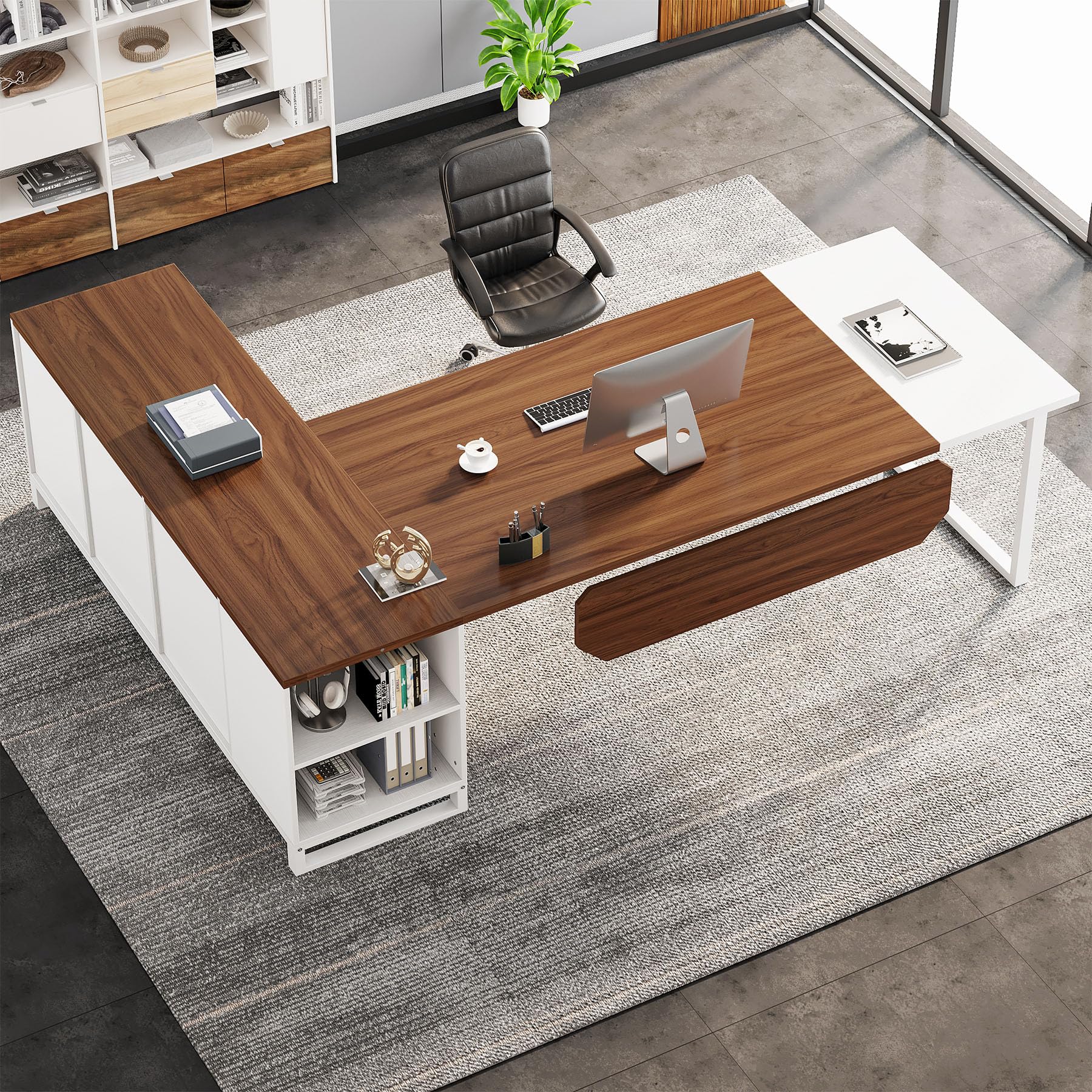 70.8" L-Shaped Executive Desk with File Cabinet