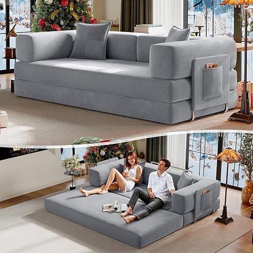 Convertible Futon Sofa Bed with Storage Pocket
