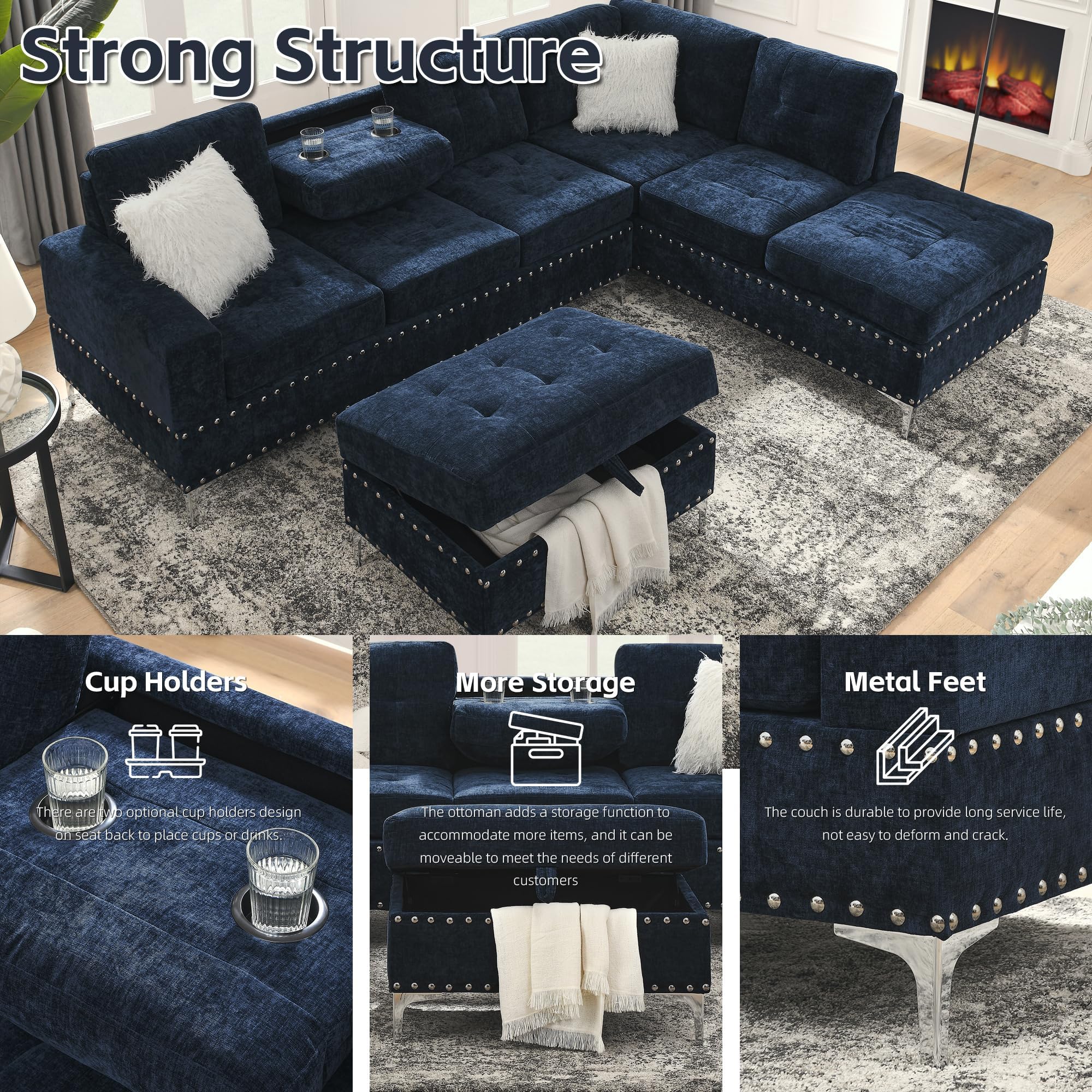 L-Shape Sectional Sofa with Reversible Chaise and Storage Ottoman