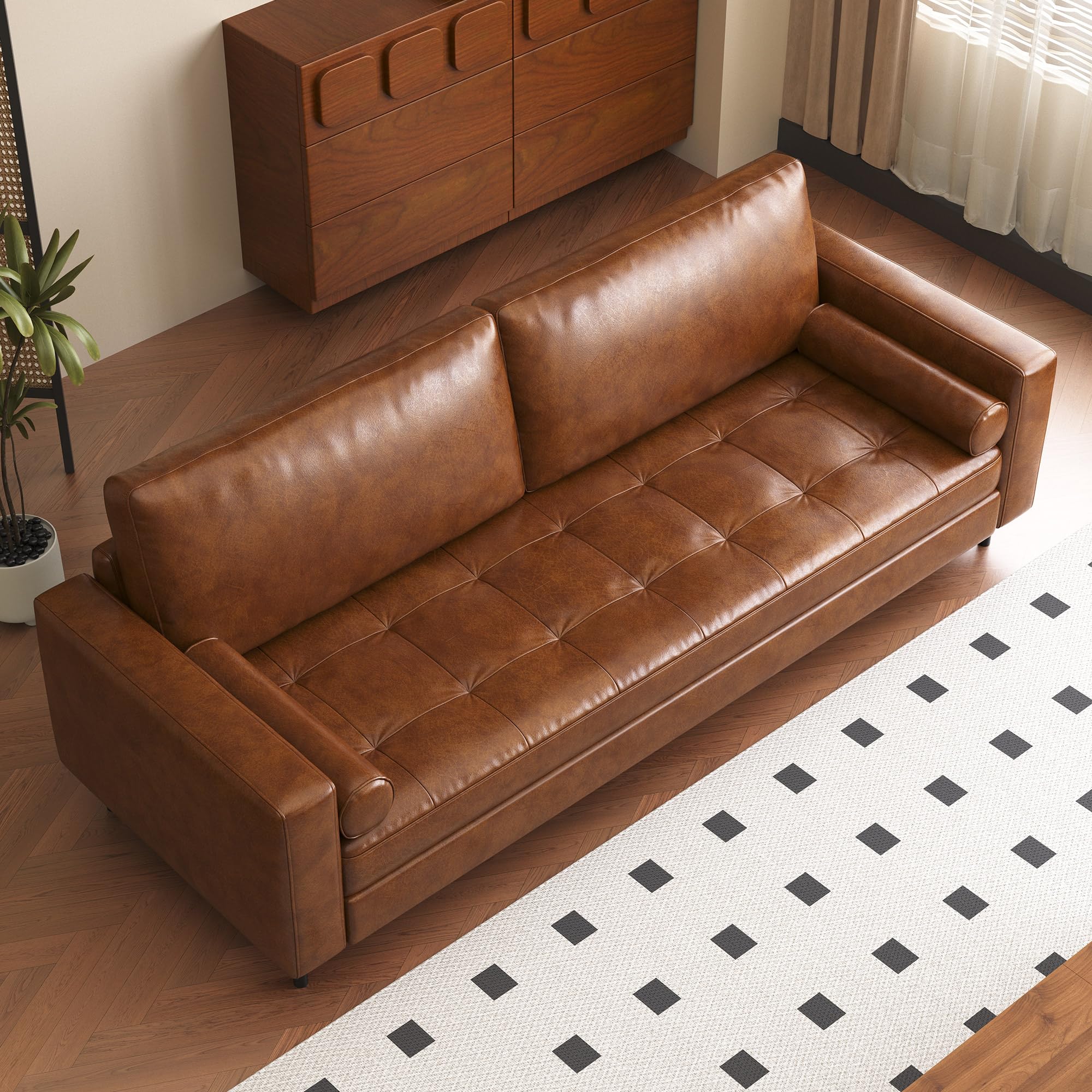 NessCarsti 80.31" Mid-Century Modern Faux Leather 3-Seater Sofa Couch, with Sturdy Metal Legs & Solid Wood Frame, for Living Room & Apartment, Brown