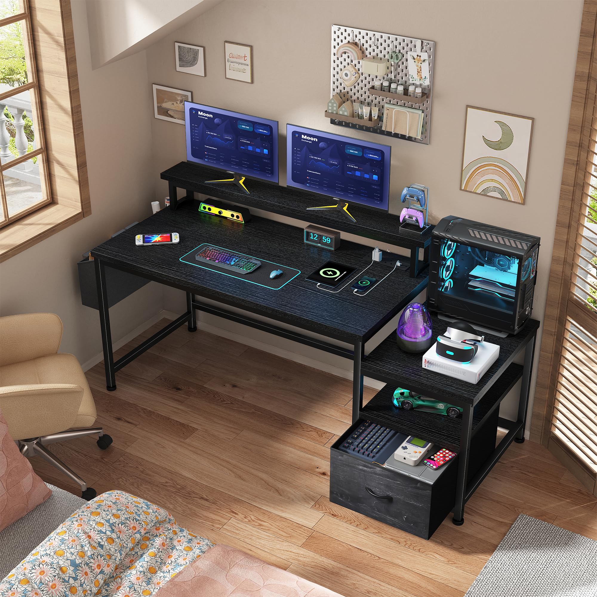 57" Computer Desk with Drawers and Power Outlets
