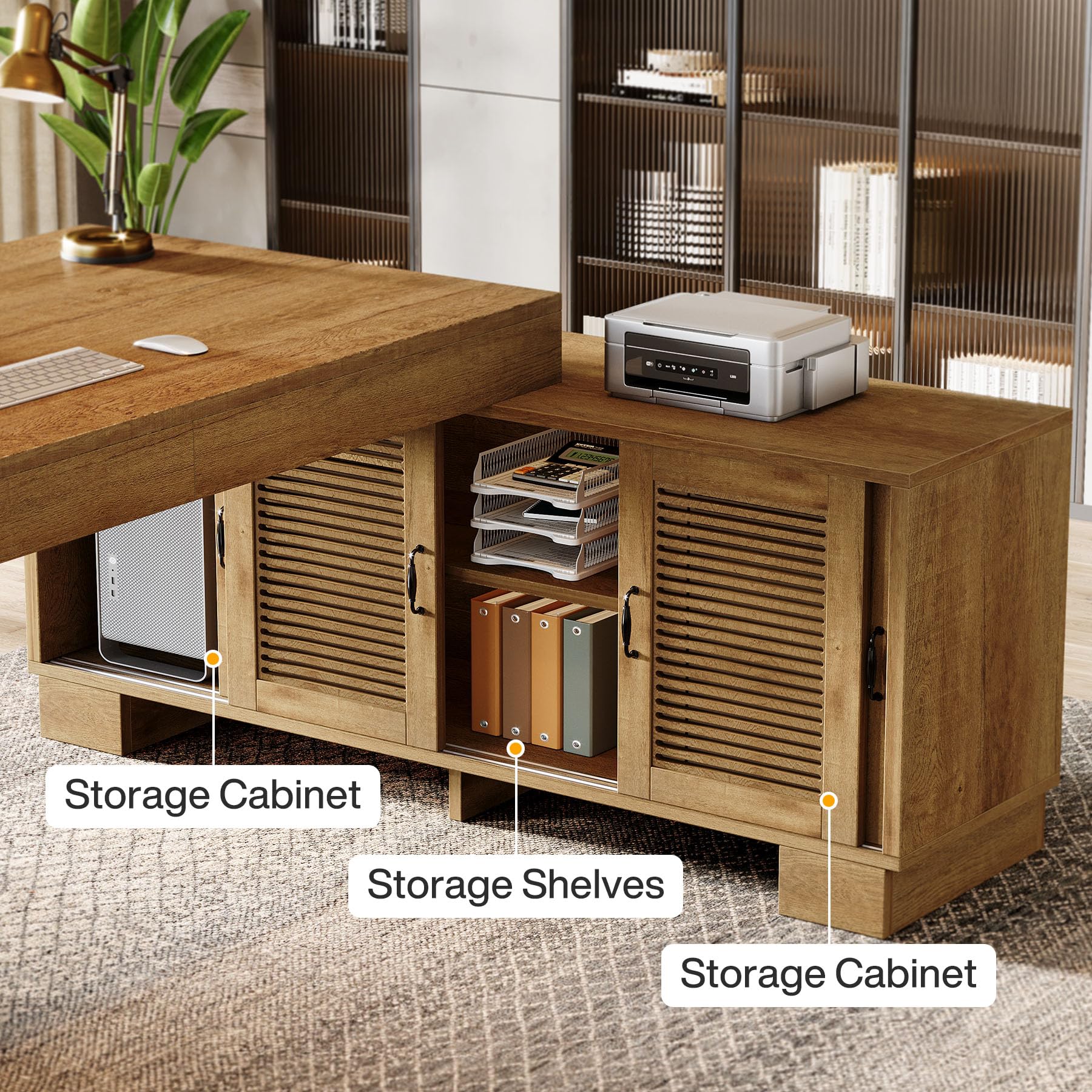 L-Shaped Executive Desk with Storage Cabinets and Shelf