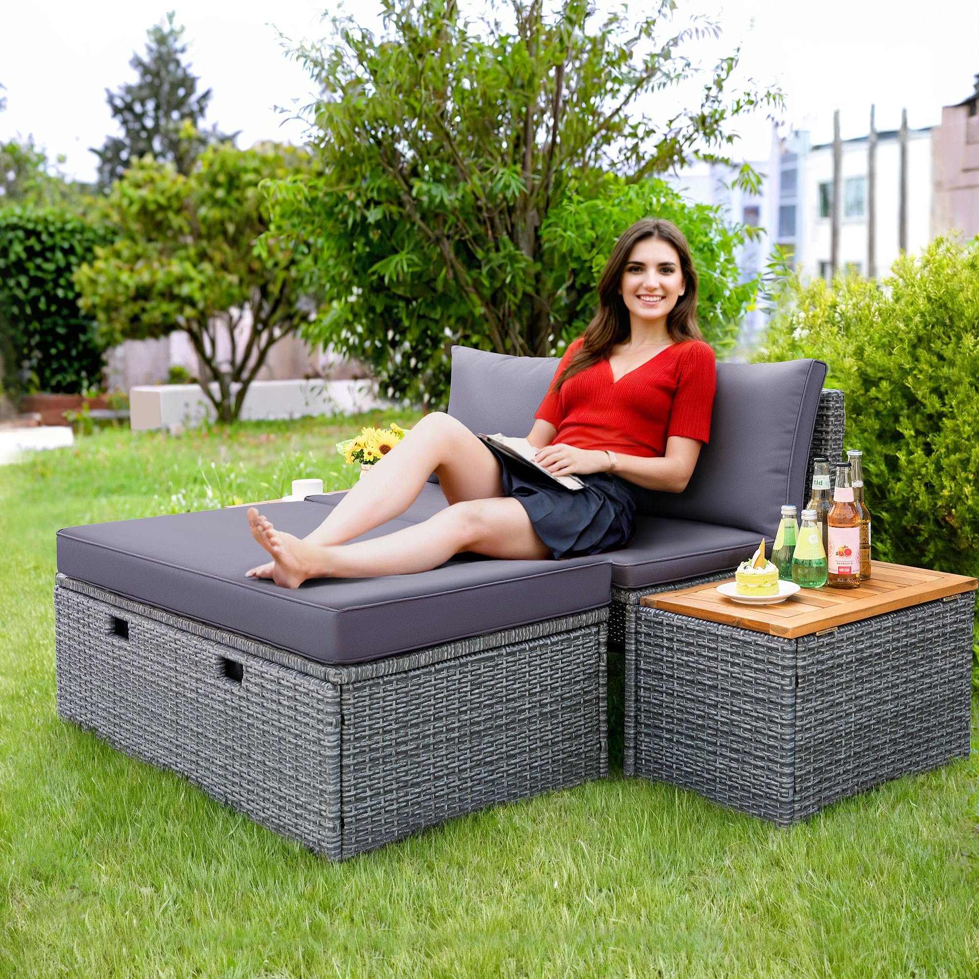 Outdoor Rattan Lounge Chair Set with Side Tables