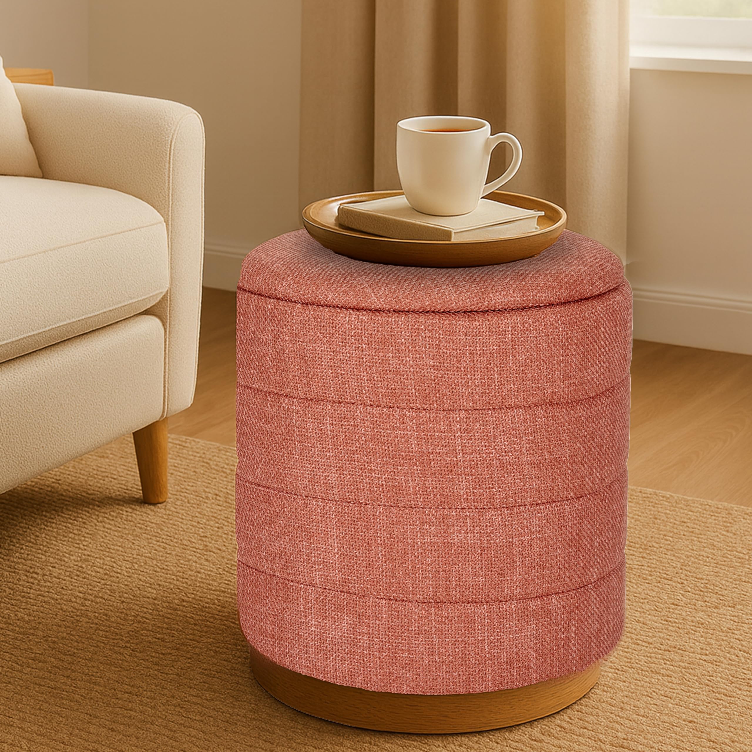 Round Storage Ottoman - Linen Upholstered Footrest Bench