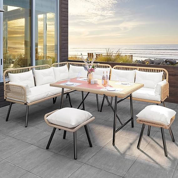 Patio Wicker L-Shaped Furniture Set with Cushions and Dining Table