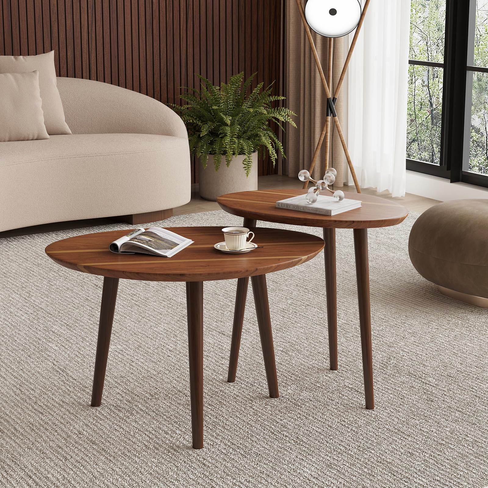 Small Oval Nesting Coffee Tables Set - Acacia Wood Tabletop