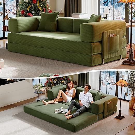 Convertible Futon Sofa Bed with Storage Pocket