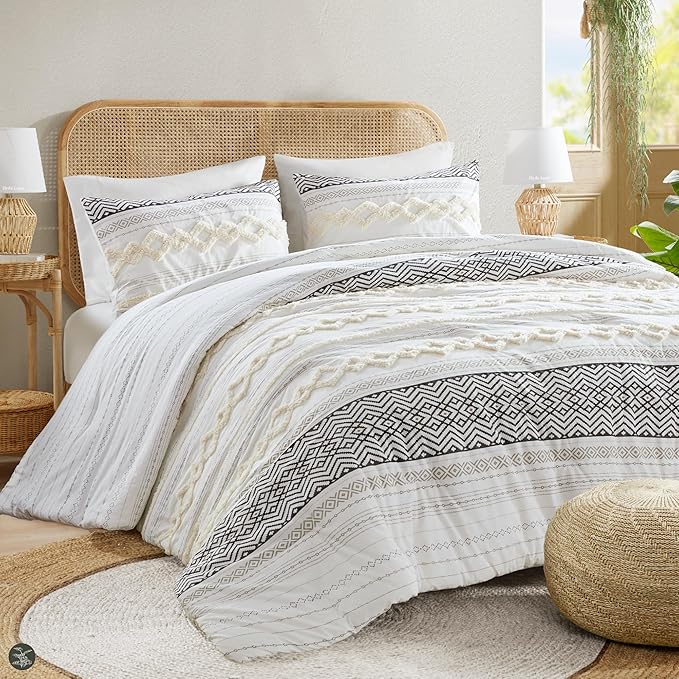 Farmhouse Comforter Set Full/Queen Ivory Striped Cotton 3-Piece