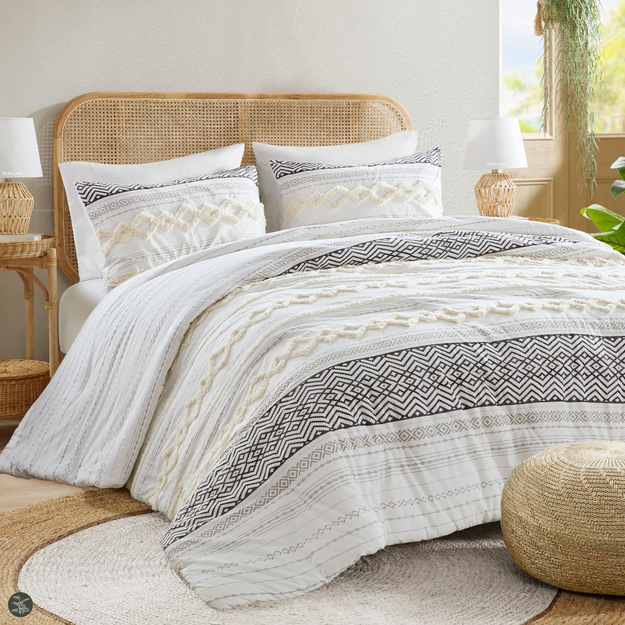Farmhouse Comforter Set Full/Queen Ivory Striped Cotton 3-Piece