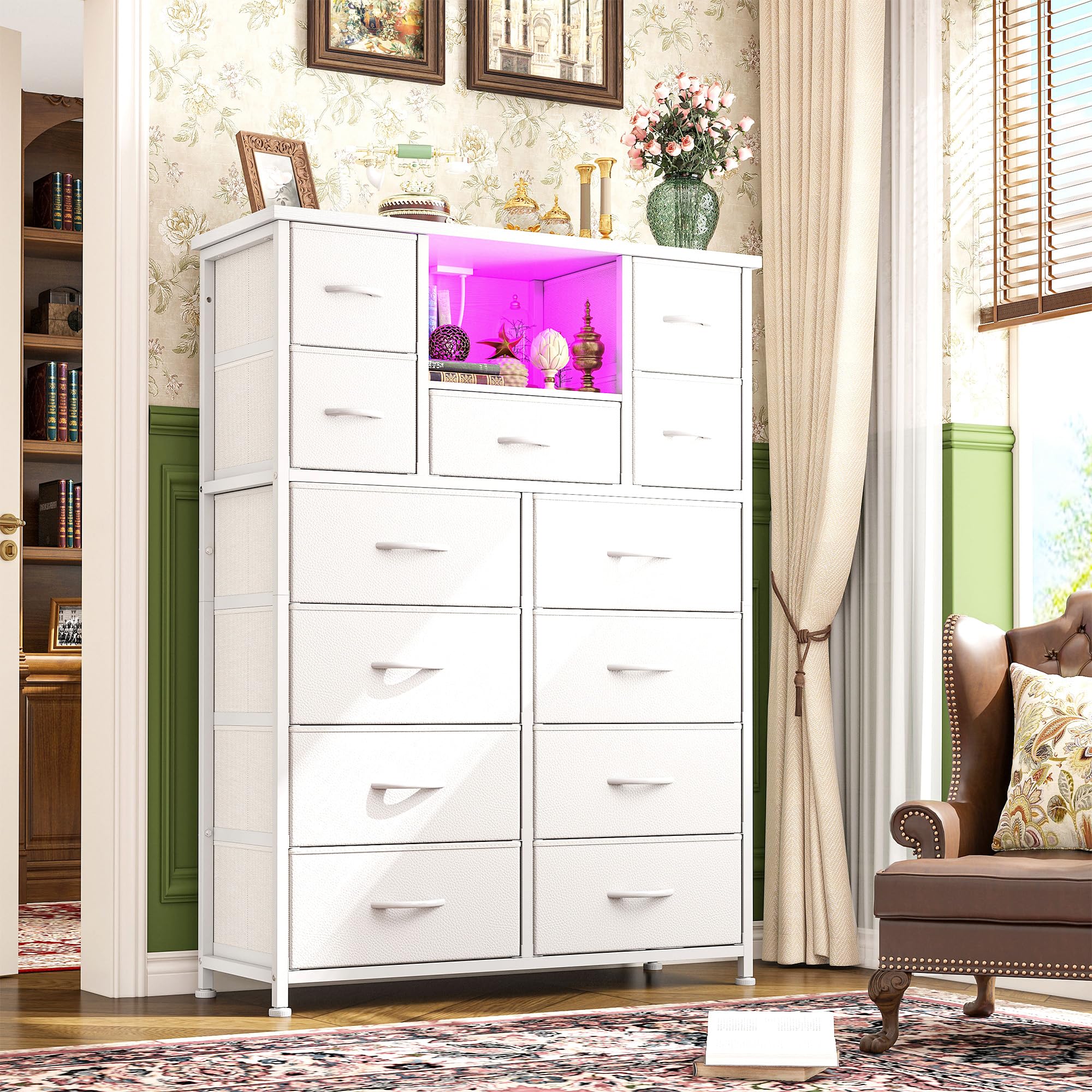 13-Drawer Dresser with LED Lighting and Charging Ports