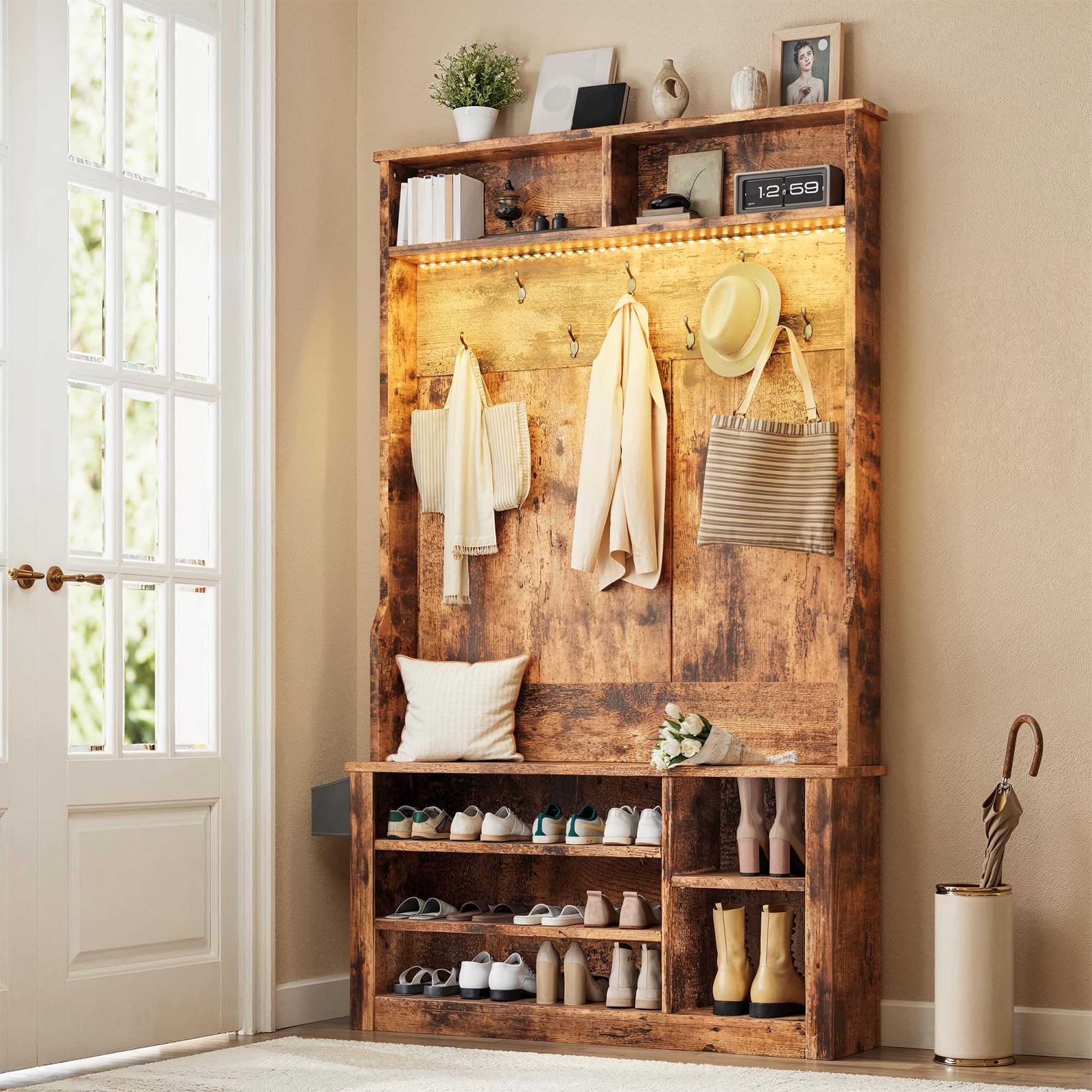 5-in-1 Hall Tree with Bench and LED Lighting