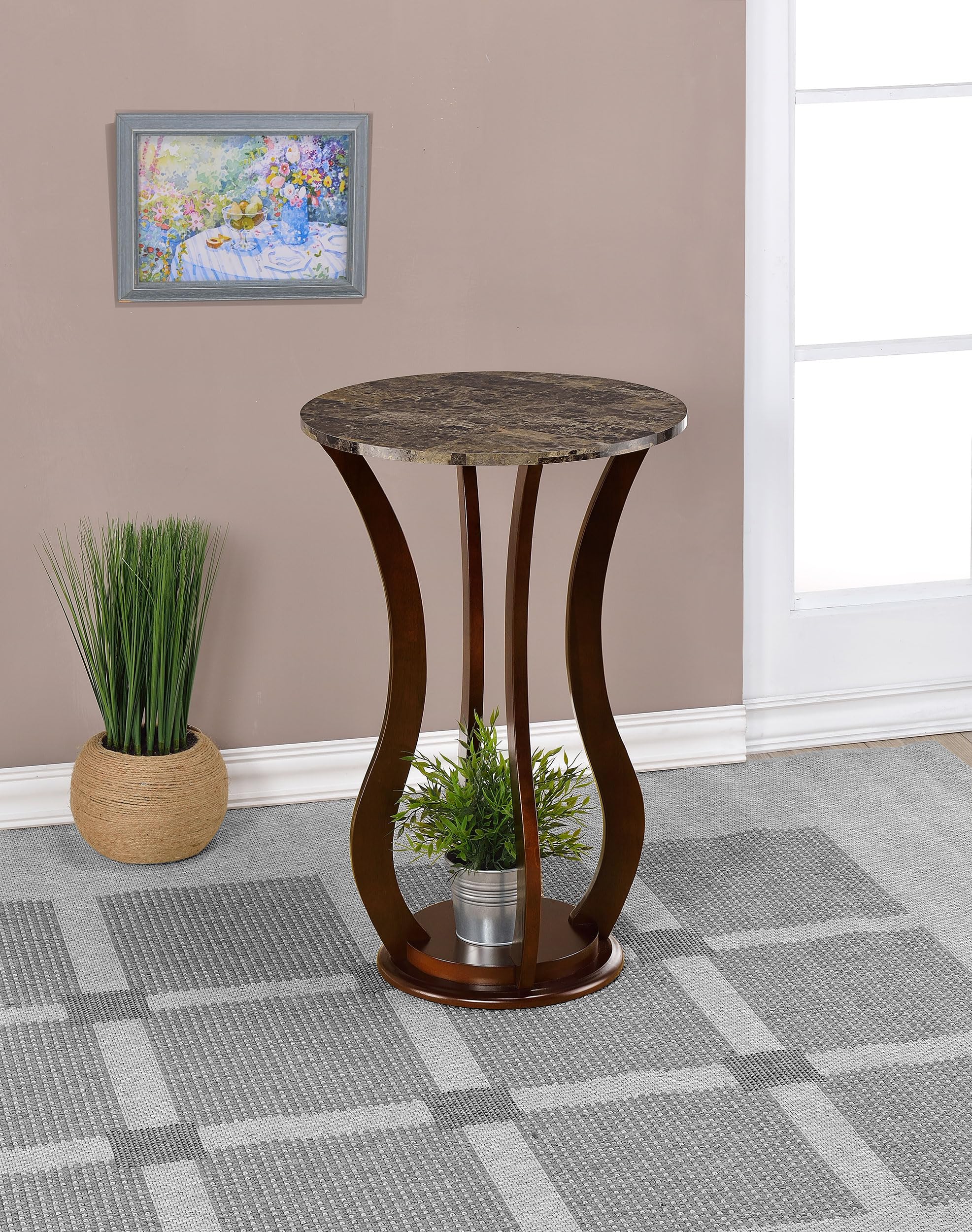 Round Plant Stand with Faux Marble Top and Shelf