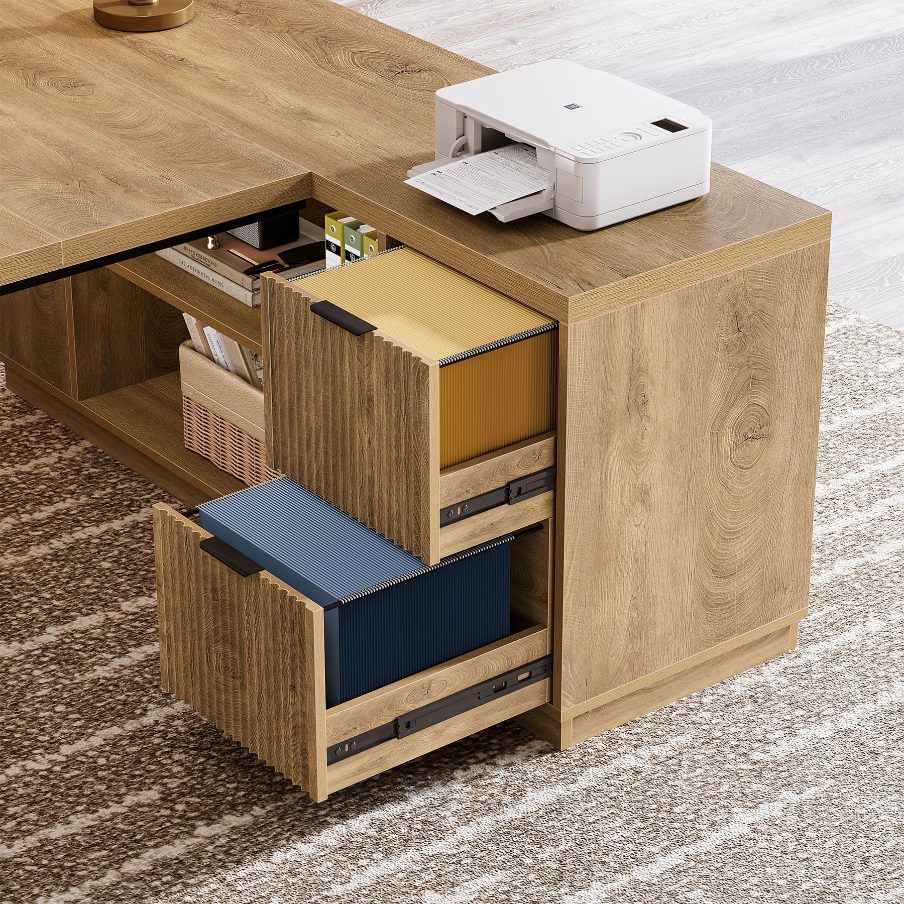 78" L-Shaped Executive Desk with Drawers and File Cabinet