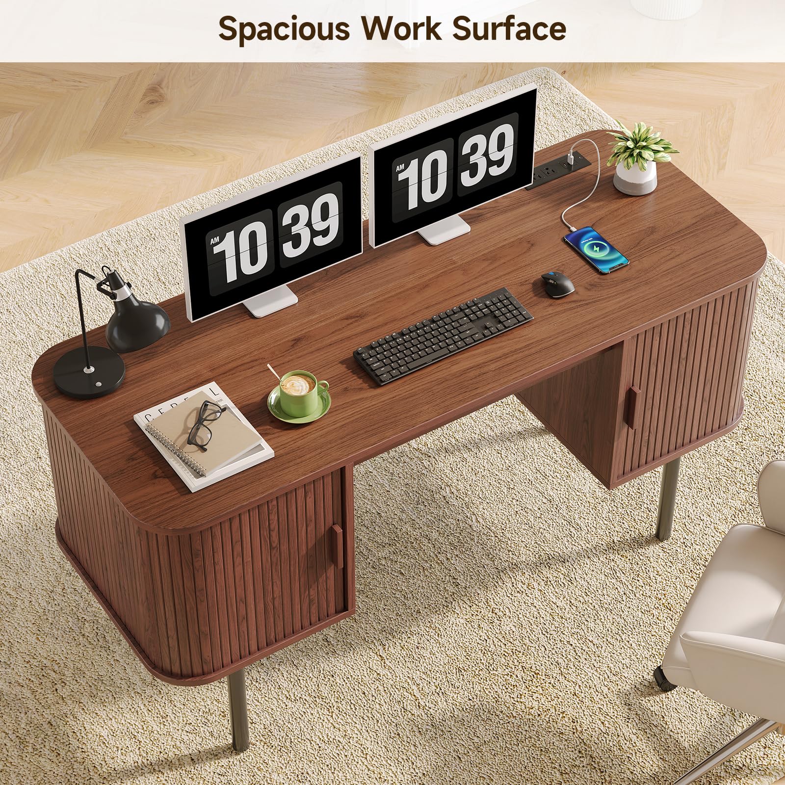 55 Inch Fluted Computer Desk with Charging Station