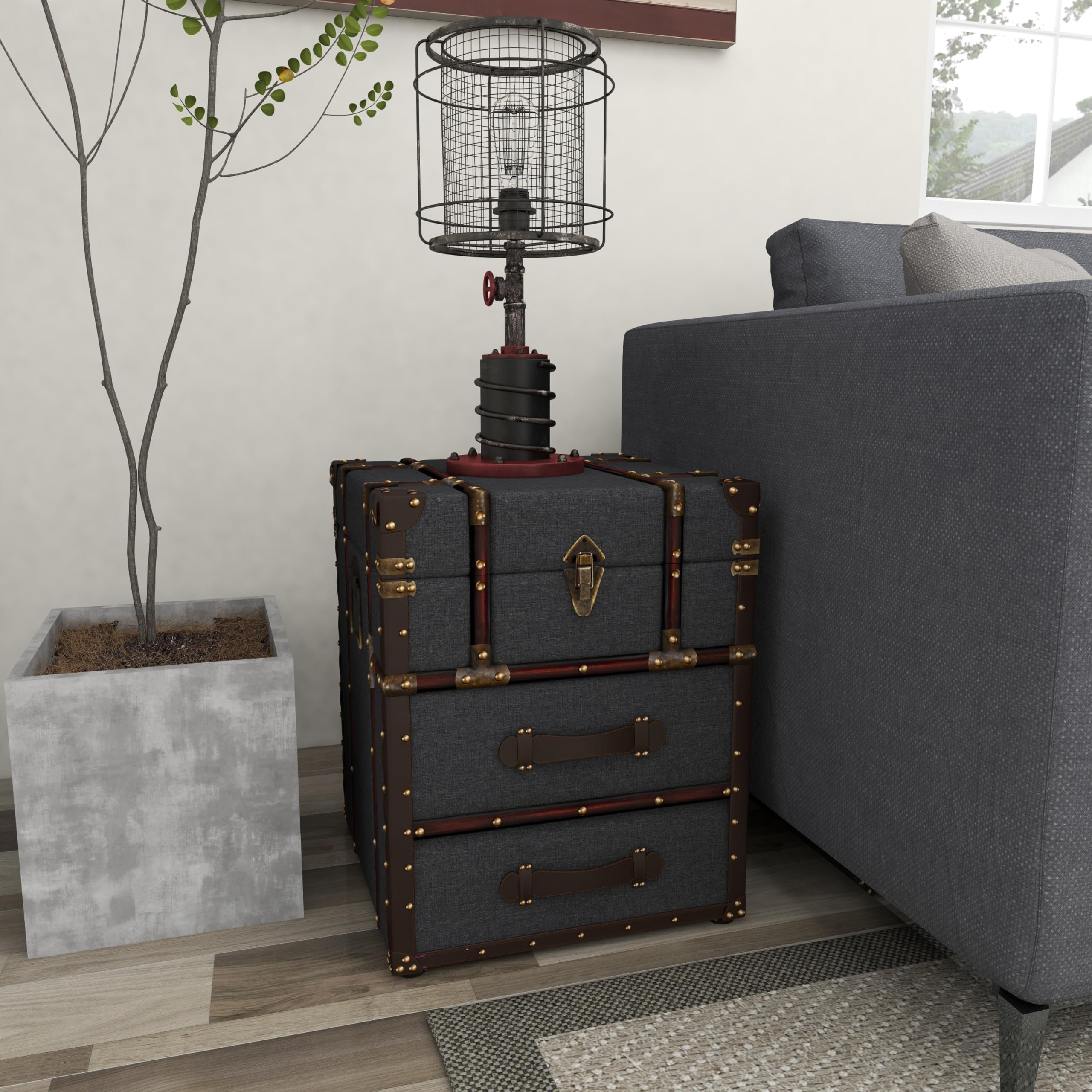 Blue Linen Upholstered 2-Drawer Accent Table