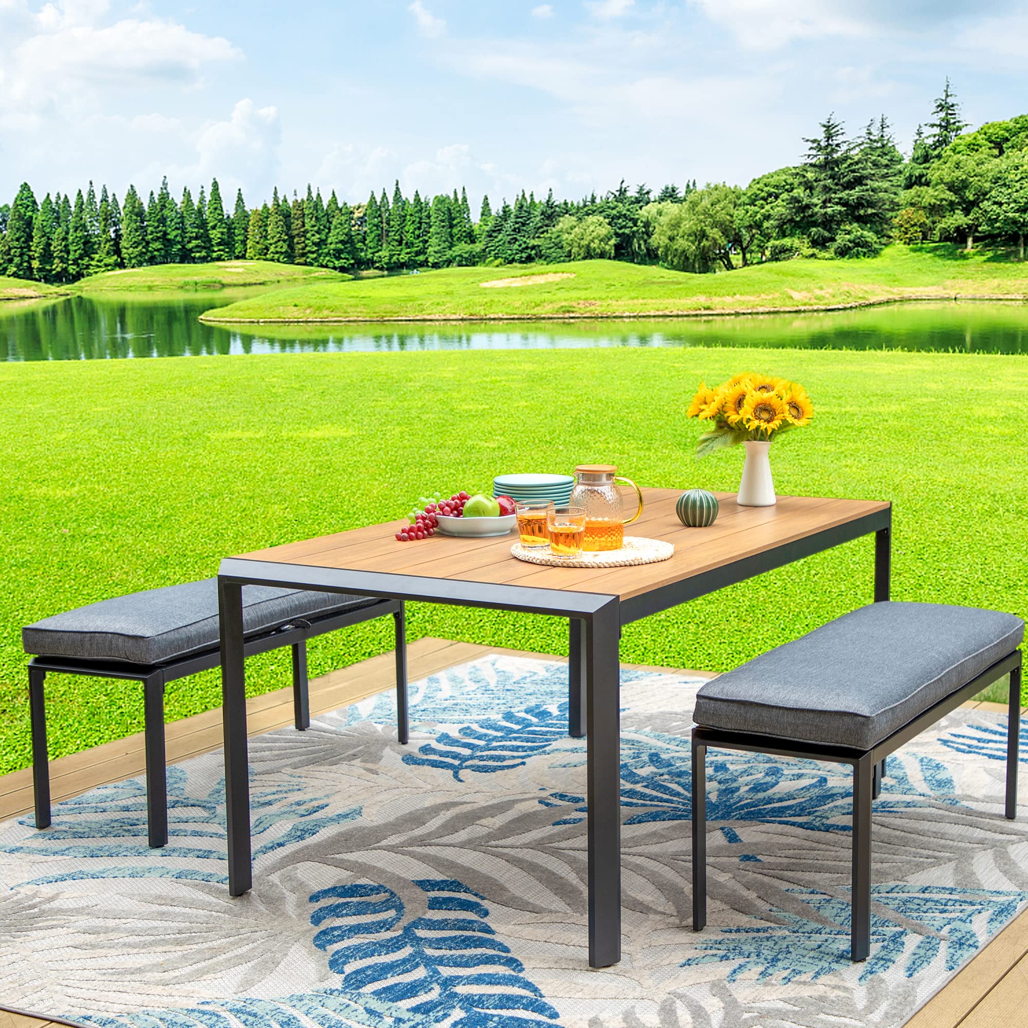 Aluminum Patio Dining Set 3-Piece with Cushioned Benches