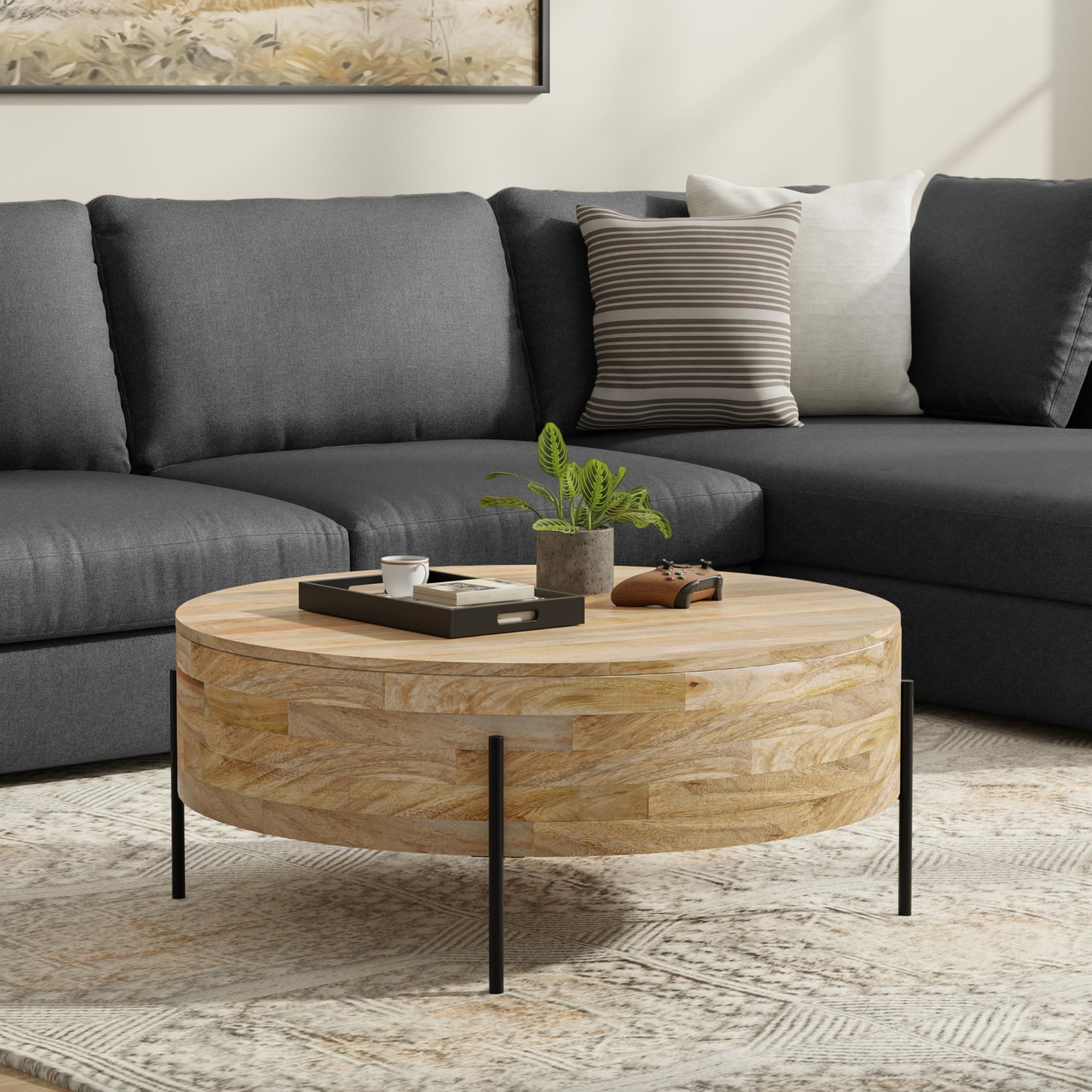 Rayburn Drum Coffee Table - 38 Inch Round Solid Mango Wood