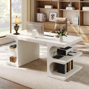 63 Inch White Executive Office Desk with Storage Shelves