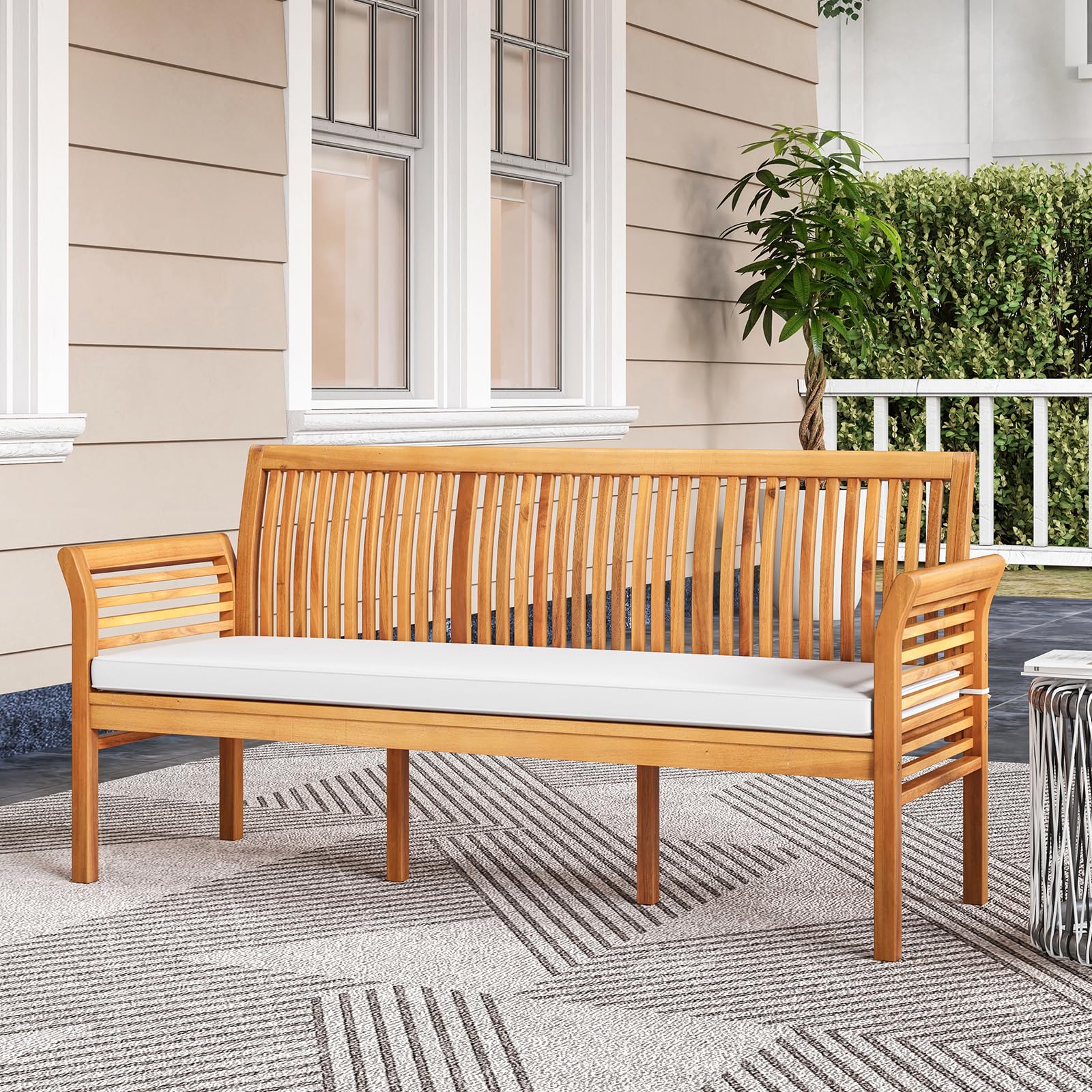 3-Person Acacia Wood Outdoor Bench with Cushion