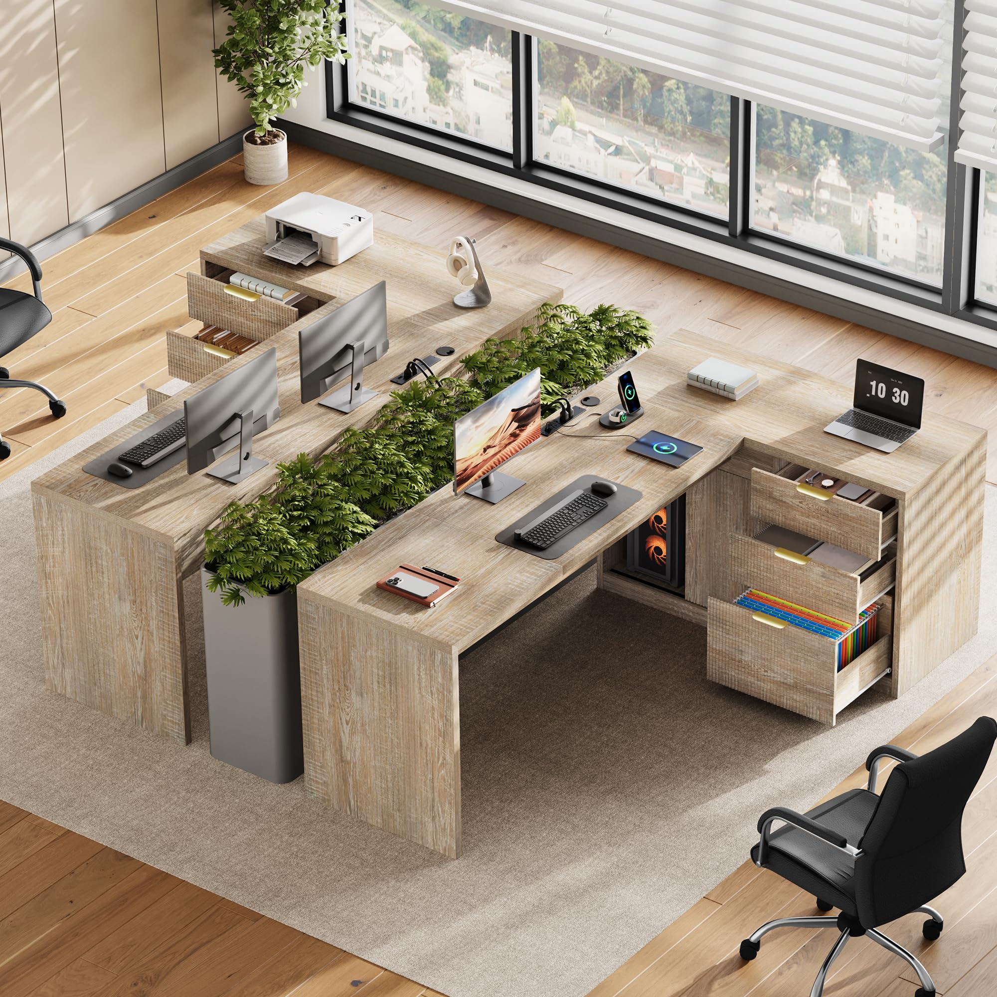 L-Shaped Office Desk with Drawers and Power Outlets