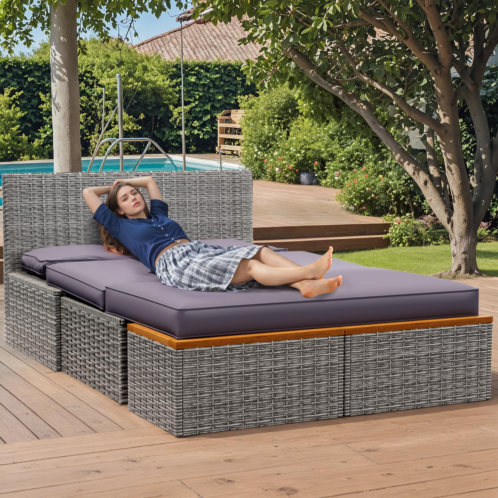 Outdoor Rattan Lounge Chair Set with Side Tables