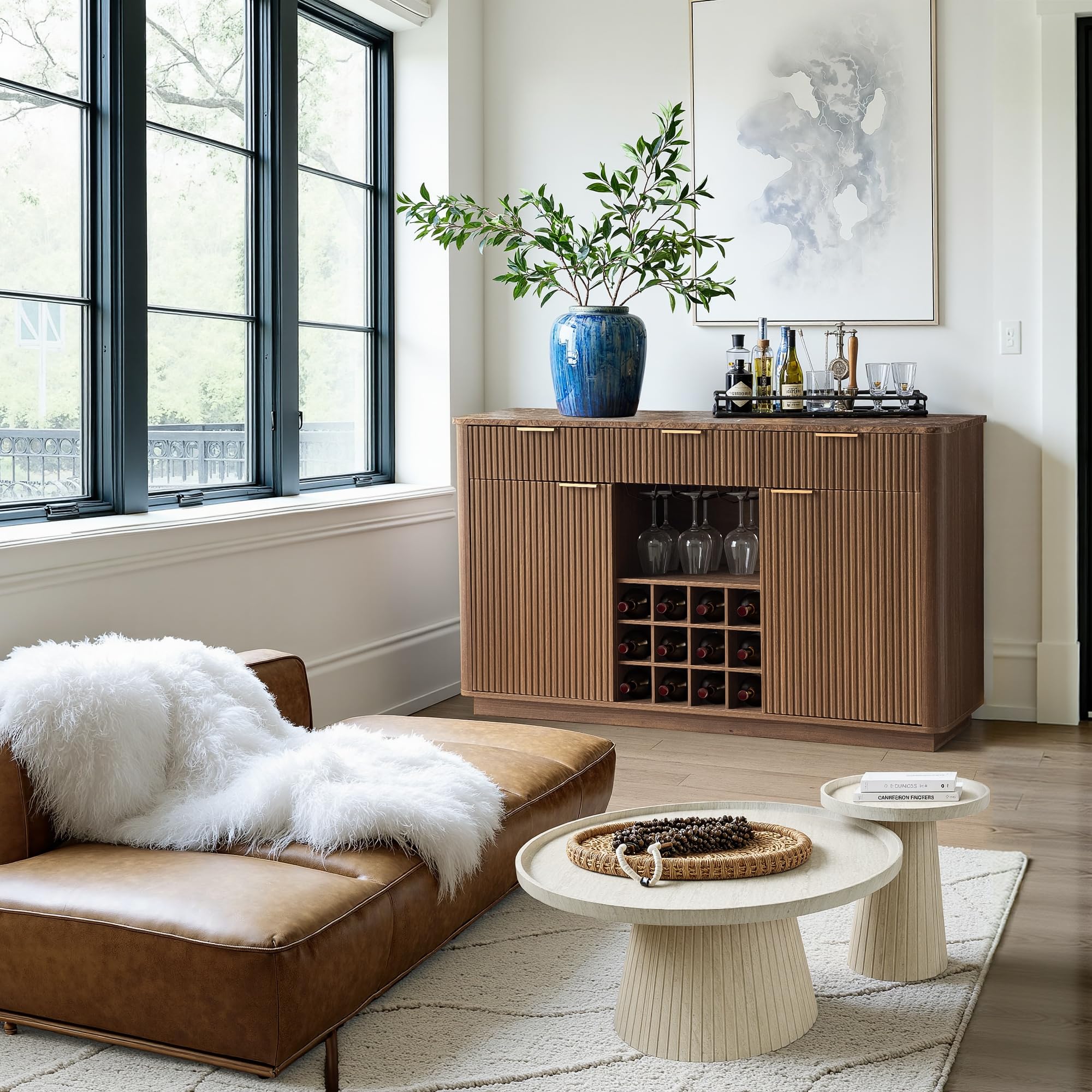 59" Fluted Sideboard Buffet Cabinet with Faux Marble Top