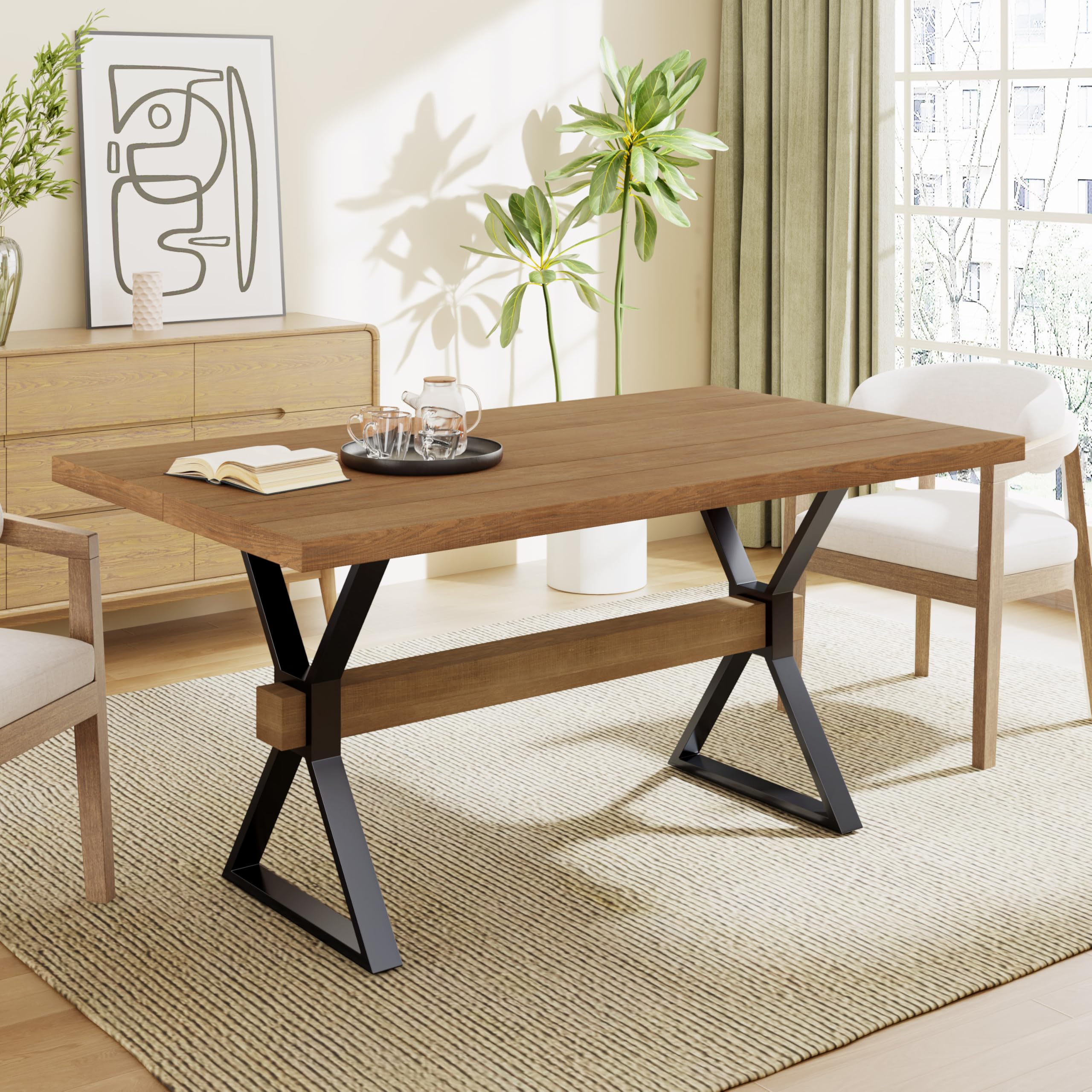 63 Inch Farmhouse Dining Table with X-Shaped Metal Legs