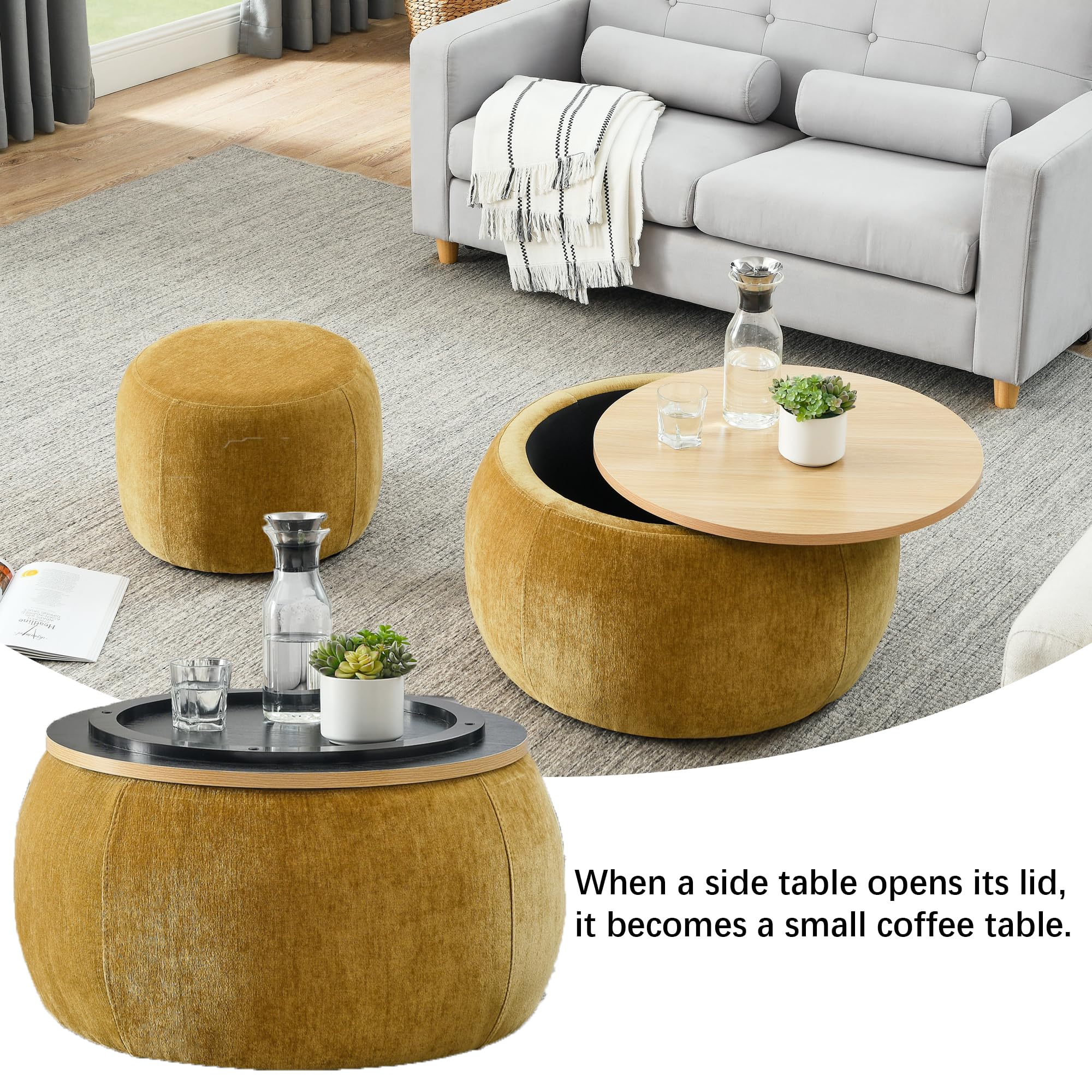 2-Piece Round Chenille Storage Ottoman Set with Drum Stool