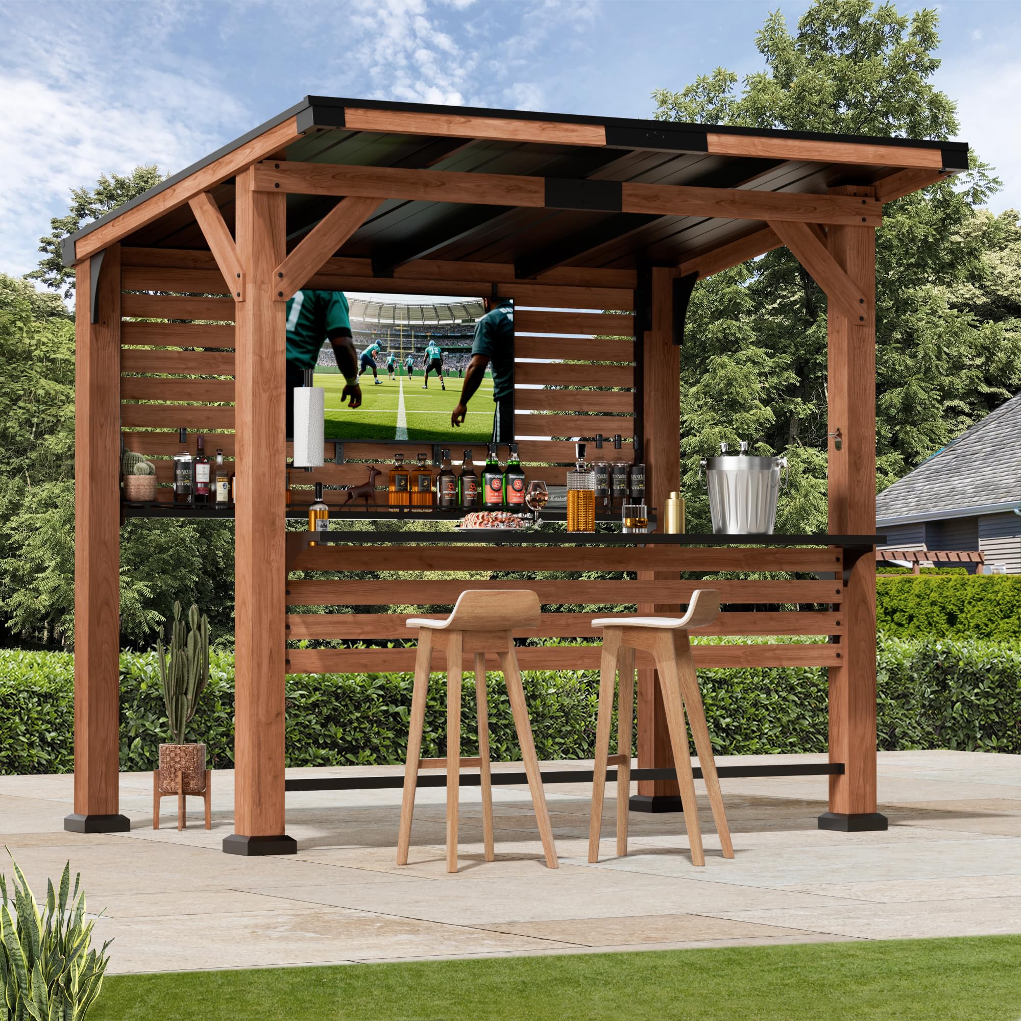 Cedar Wood Entertainment Bar Gazebo with Hardtop Steel Roof
