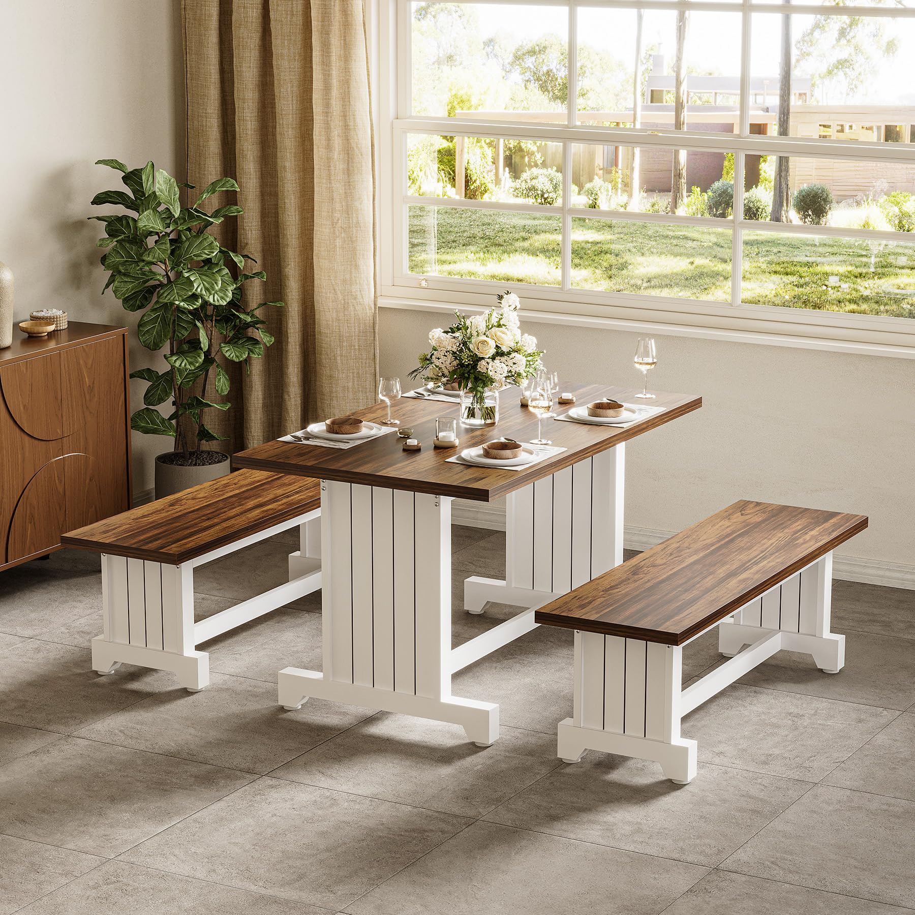 Dining Table Set for 4 with 2 Benches - Space-Saving Kitchen Dinette