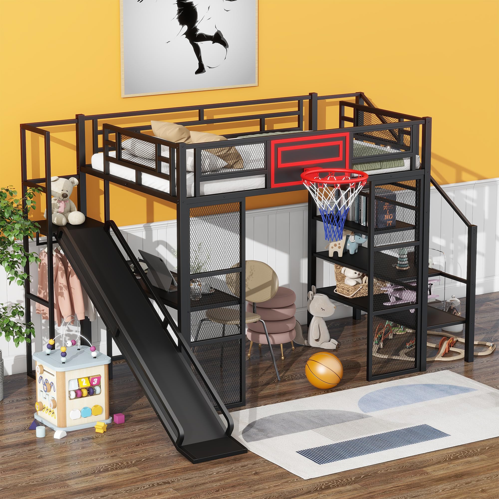 Full Size Metal Loft Bed with Slide and Staircase