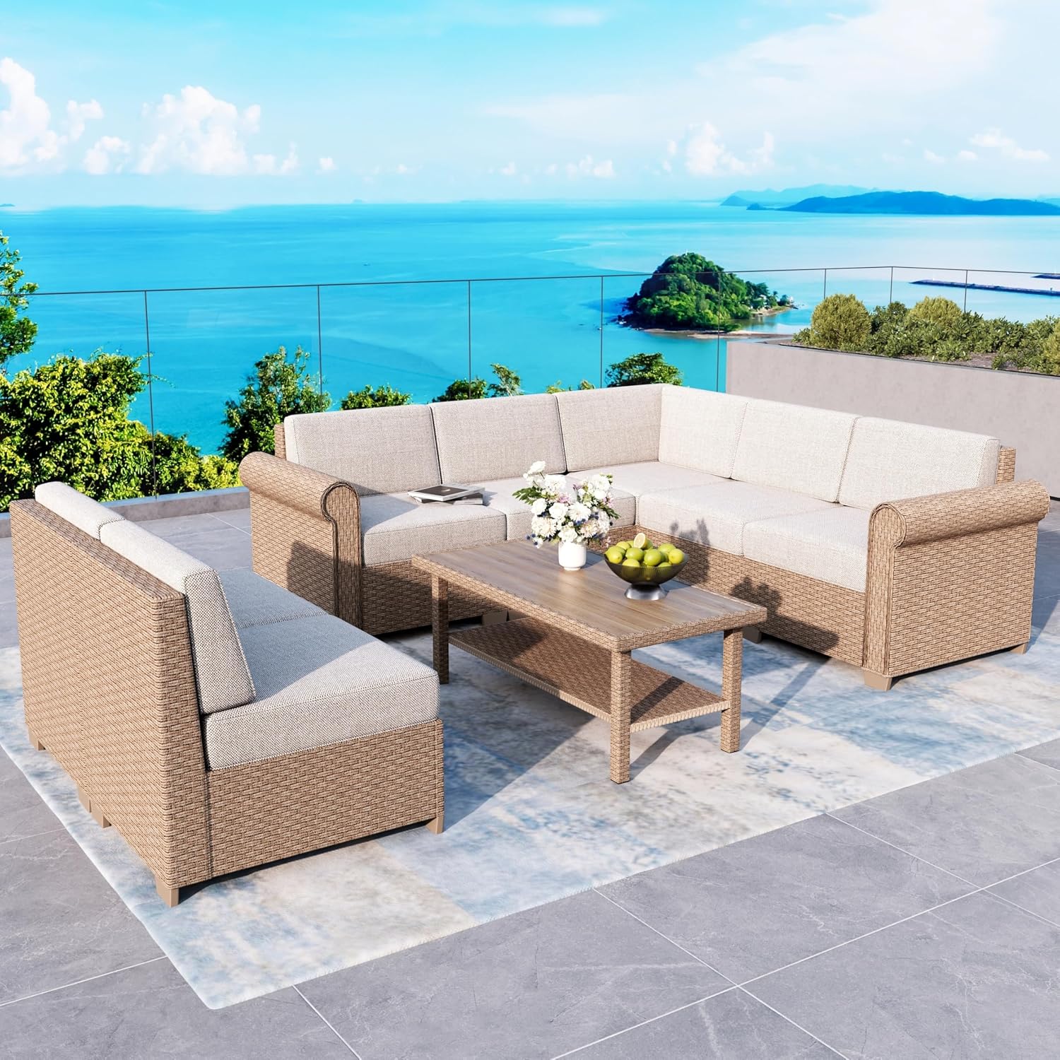 6-Piece Wicker Rattan Sectional Sofa Set with Waterproof Cushions