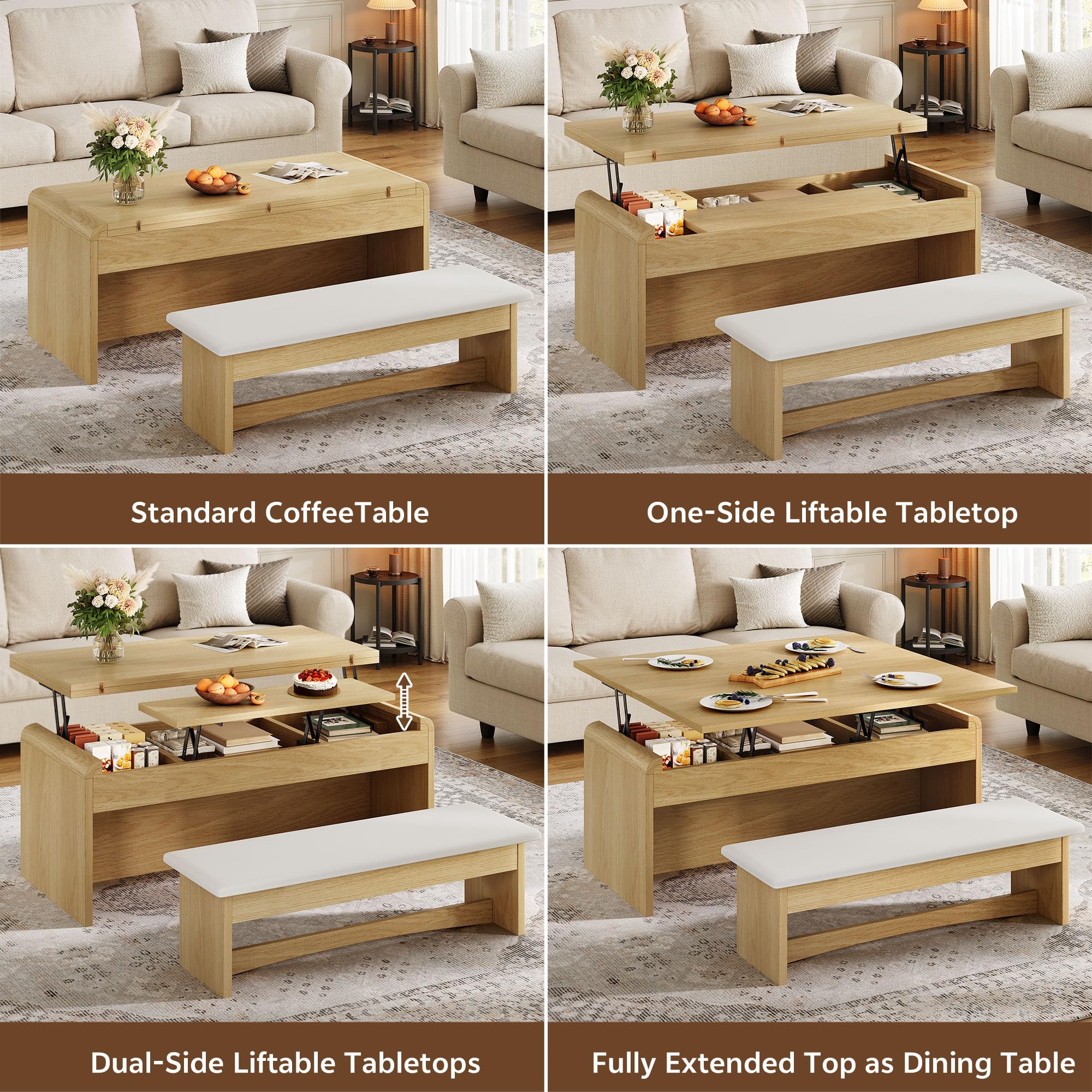 Lift Top Coffee Table with Bench and Hidden Storage