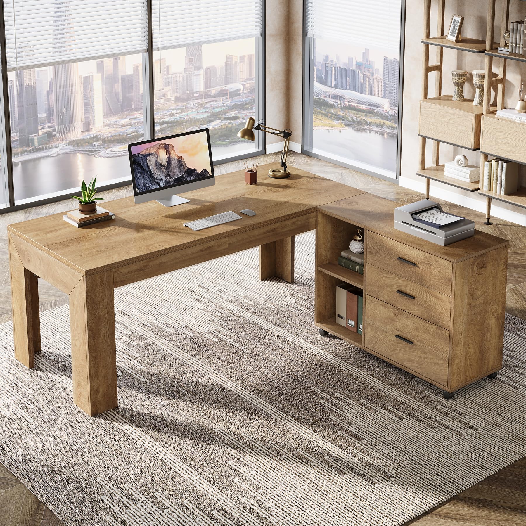 L-Shaped Executive Desk with File Cabinet