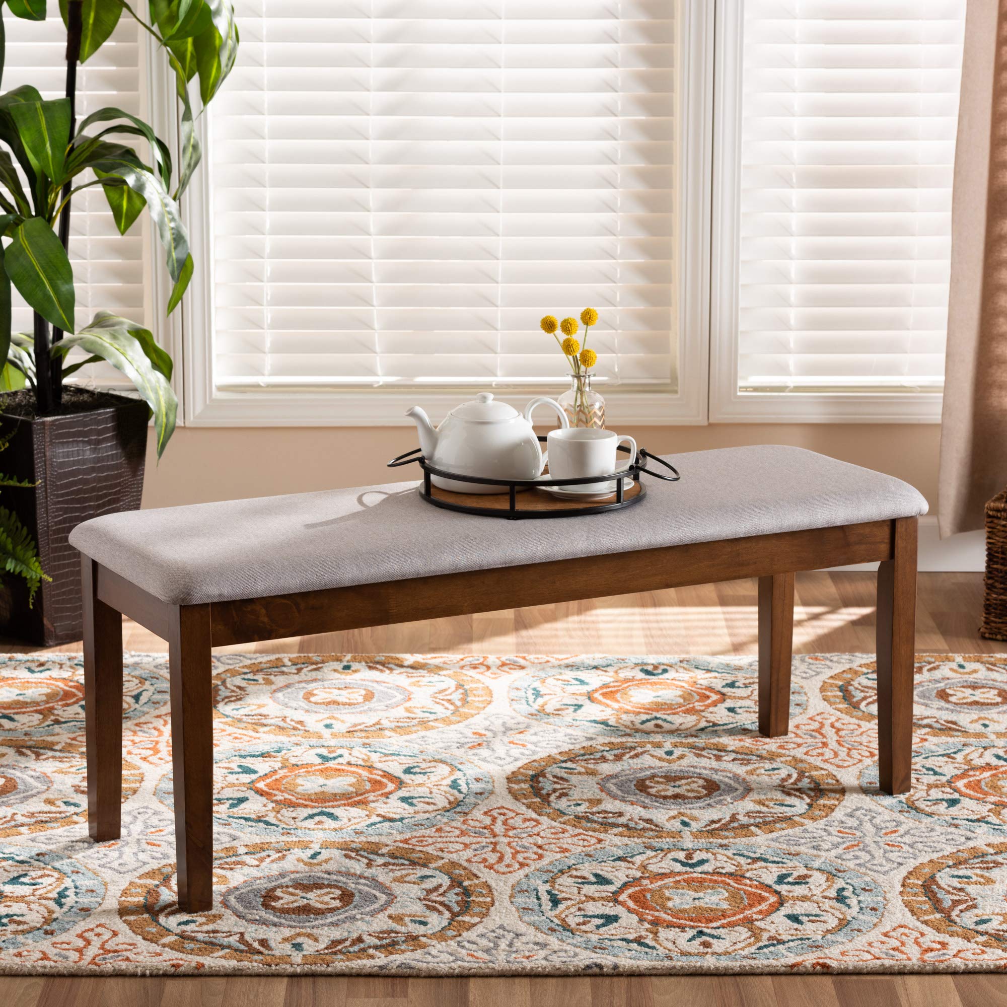 Grey Fabric Upholstered Dining Bench with Walnut Brown Wood Frame