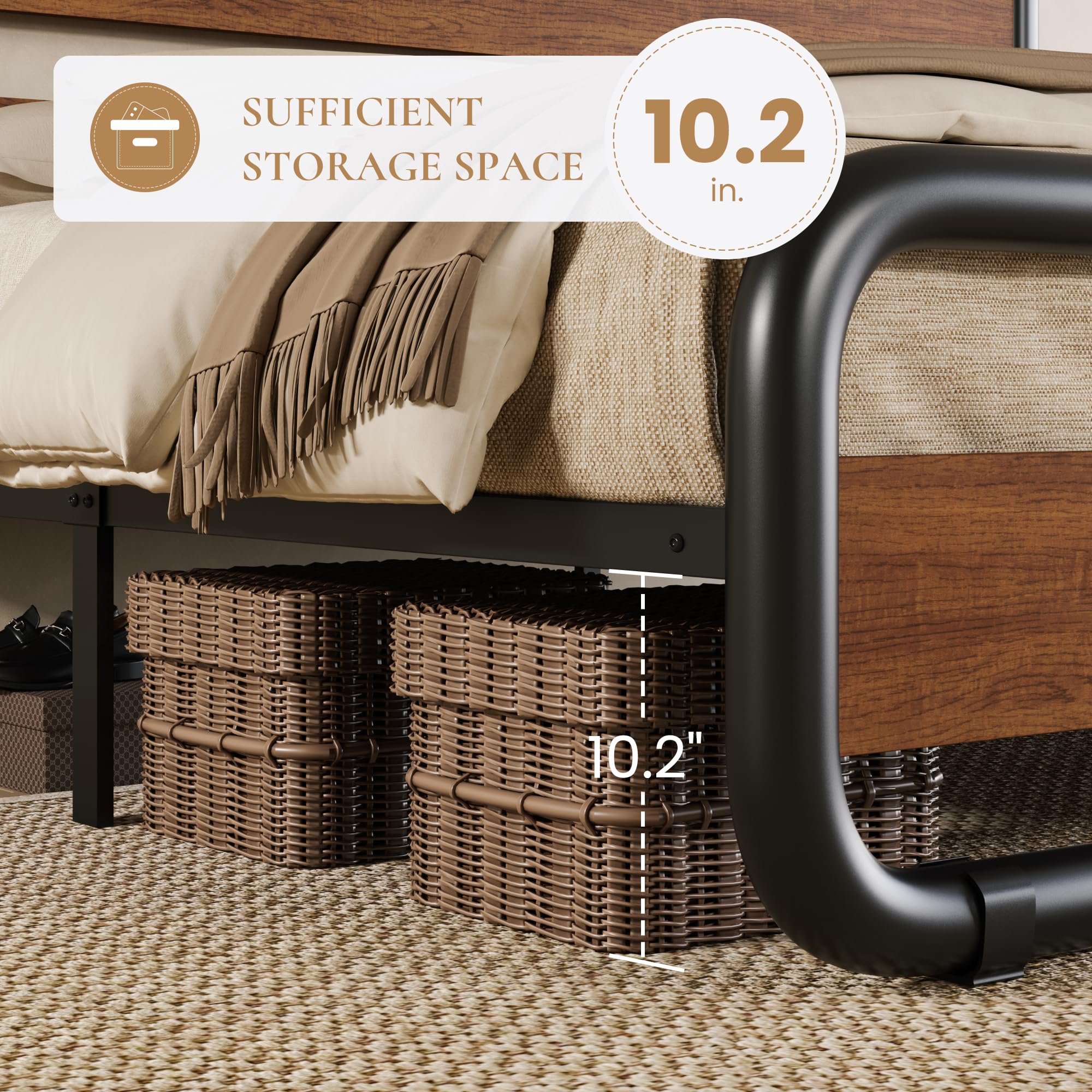 Full Size Metal Bed Frame with Wooden Headboard