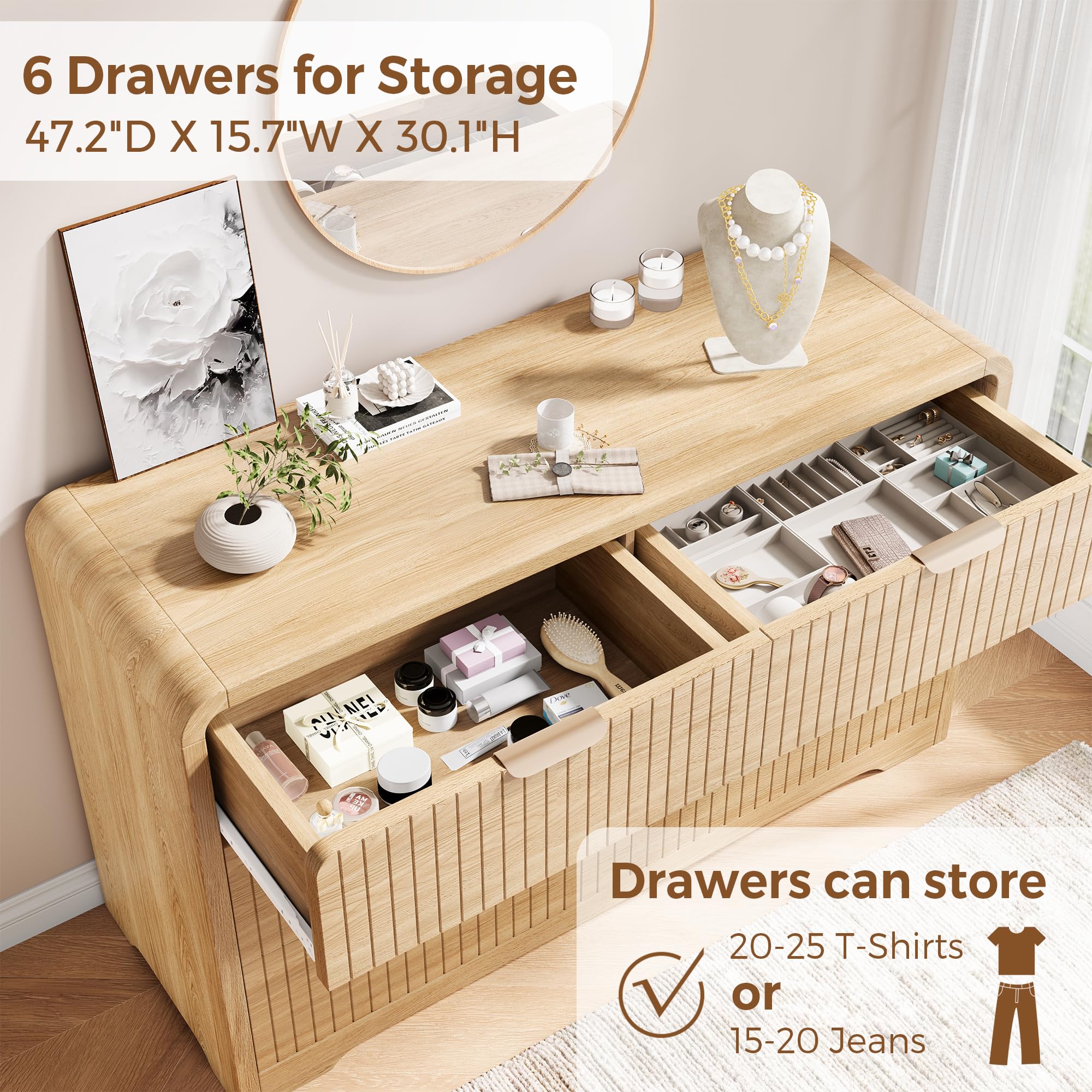 Modern 6 Drawer Dresser with Curved Fluted Design