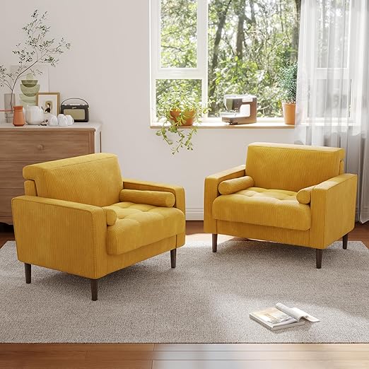 Corduroy Accent Chair with Large Seat - Yellow