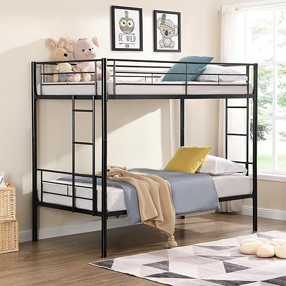 Twin Over Twin Metal Bunk Bed with Ladder and Guardrail - Pink