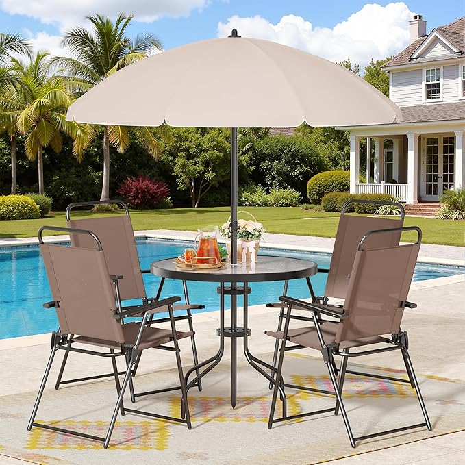6 Piece Patio Dining Set with Umbrella and Folding Chairs