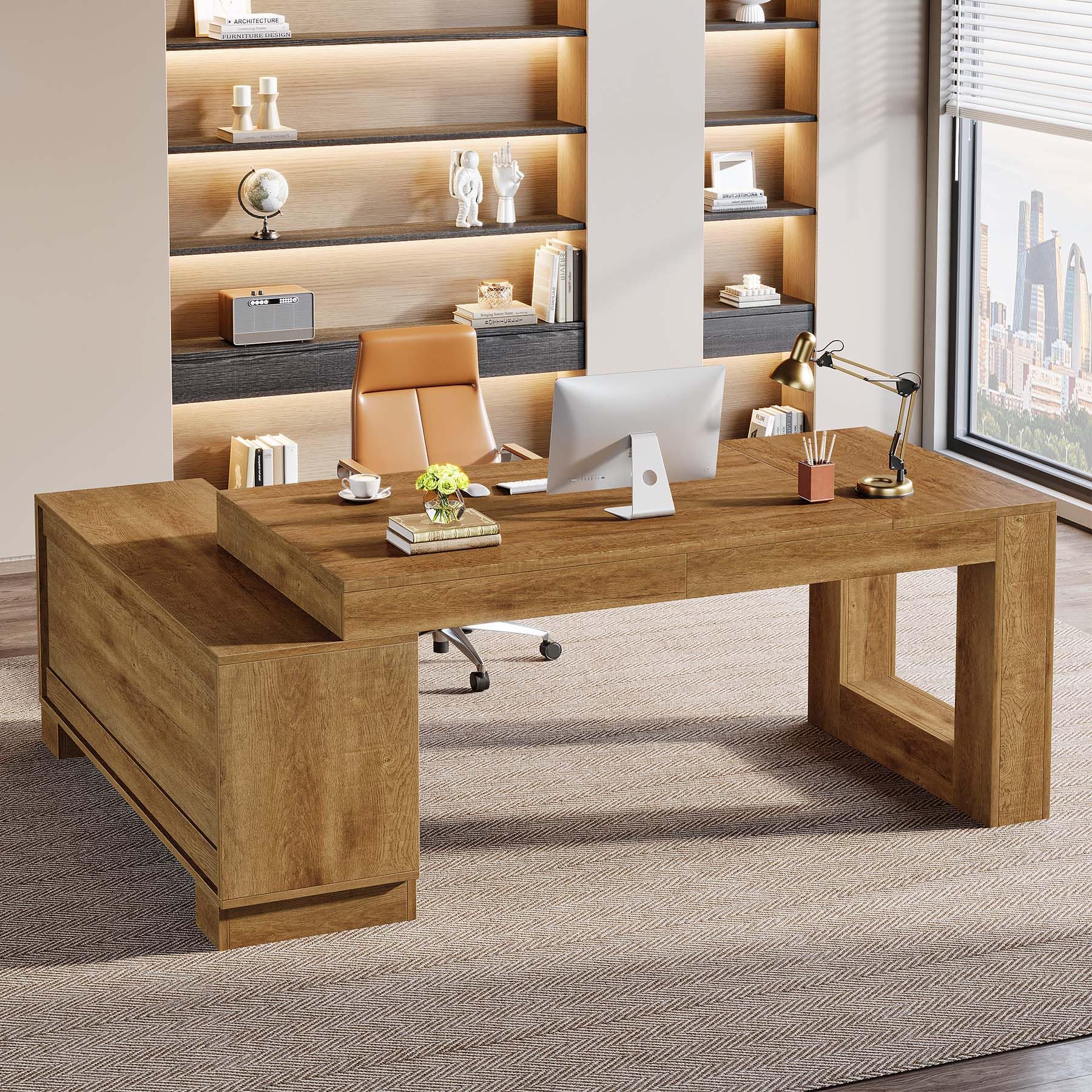 L-Shaped Executive Desk with Storage Cabinets and Shelf