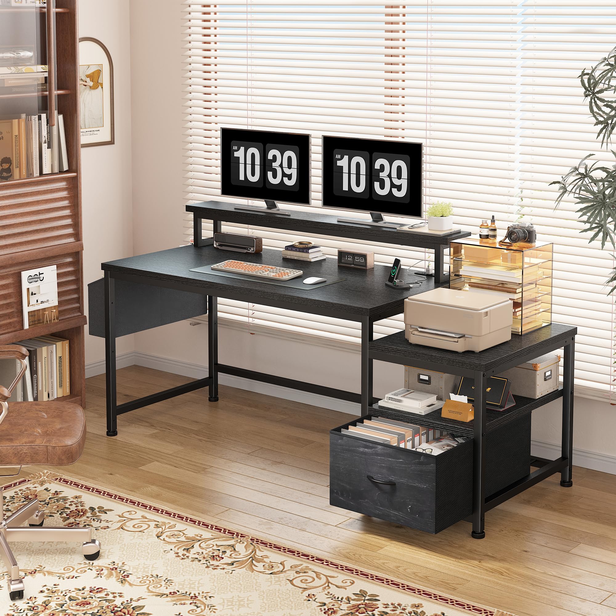 57" Computer Desk with Drawers and Power Outlets