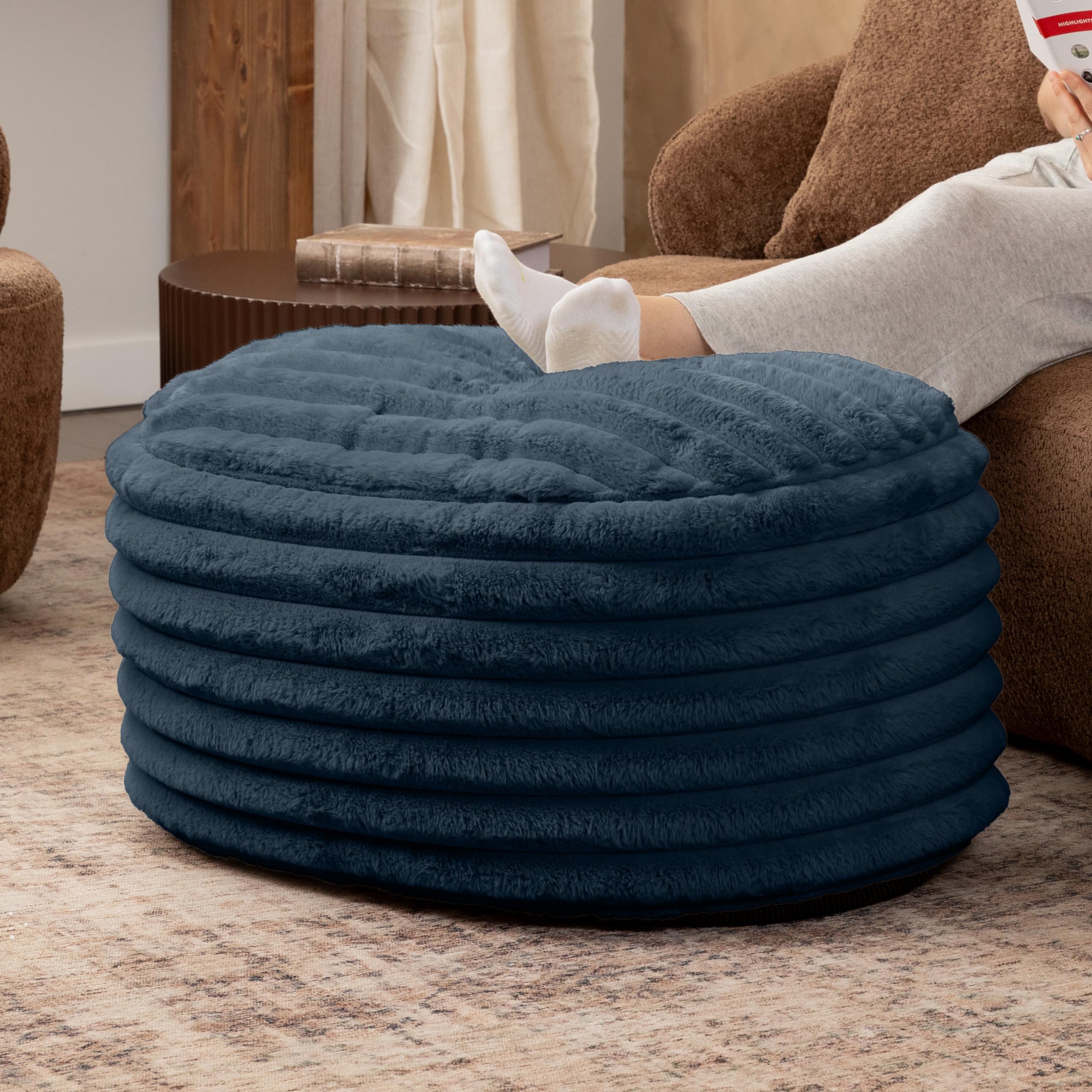 Faux Fur Accent Pouf Ottoman - Large Midnight Blue