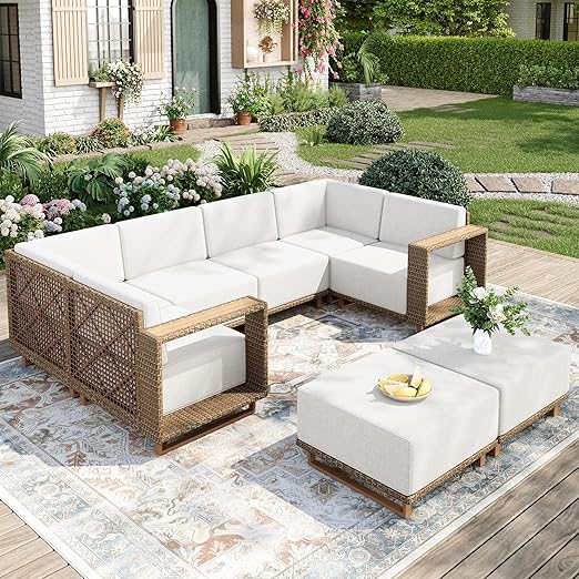 MIXPATIO Outdoor Patio Furniture Set, 6 Piece Outdoor Rattan Wicker Sofa Couch Set, Sectional Outdoor Conversation Sets with 10" Extra Thick Cushions for Deck Backyard Lawn